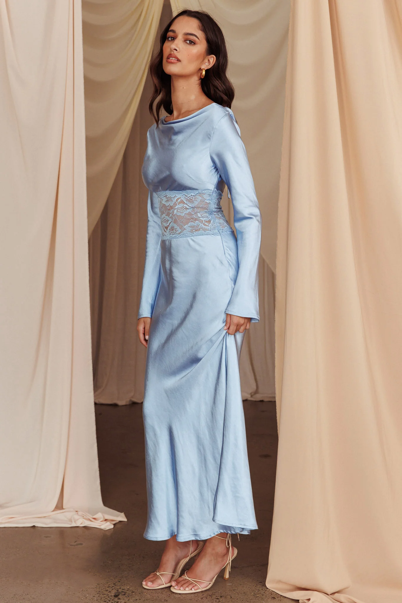 Loveland Lace Insert Cowl Back Dress Blue - Image 3