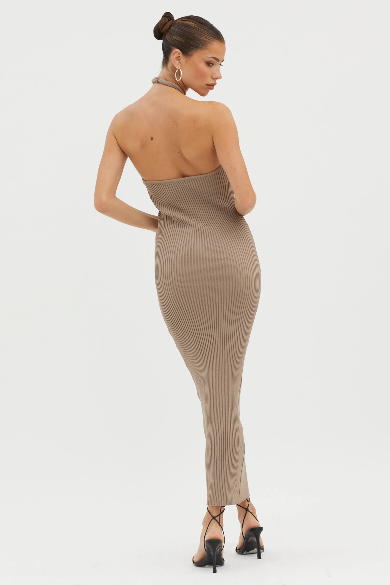 Lovelock Halterneck Ribbed Knit Midi Dress Latte - Image 2