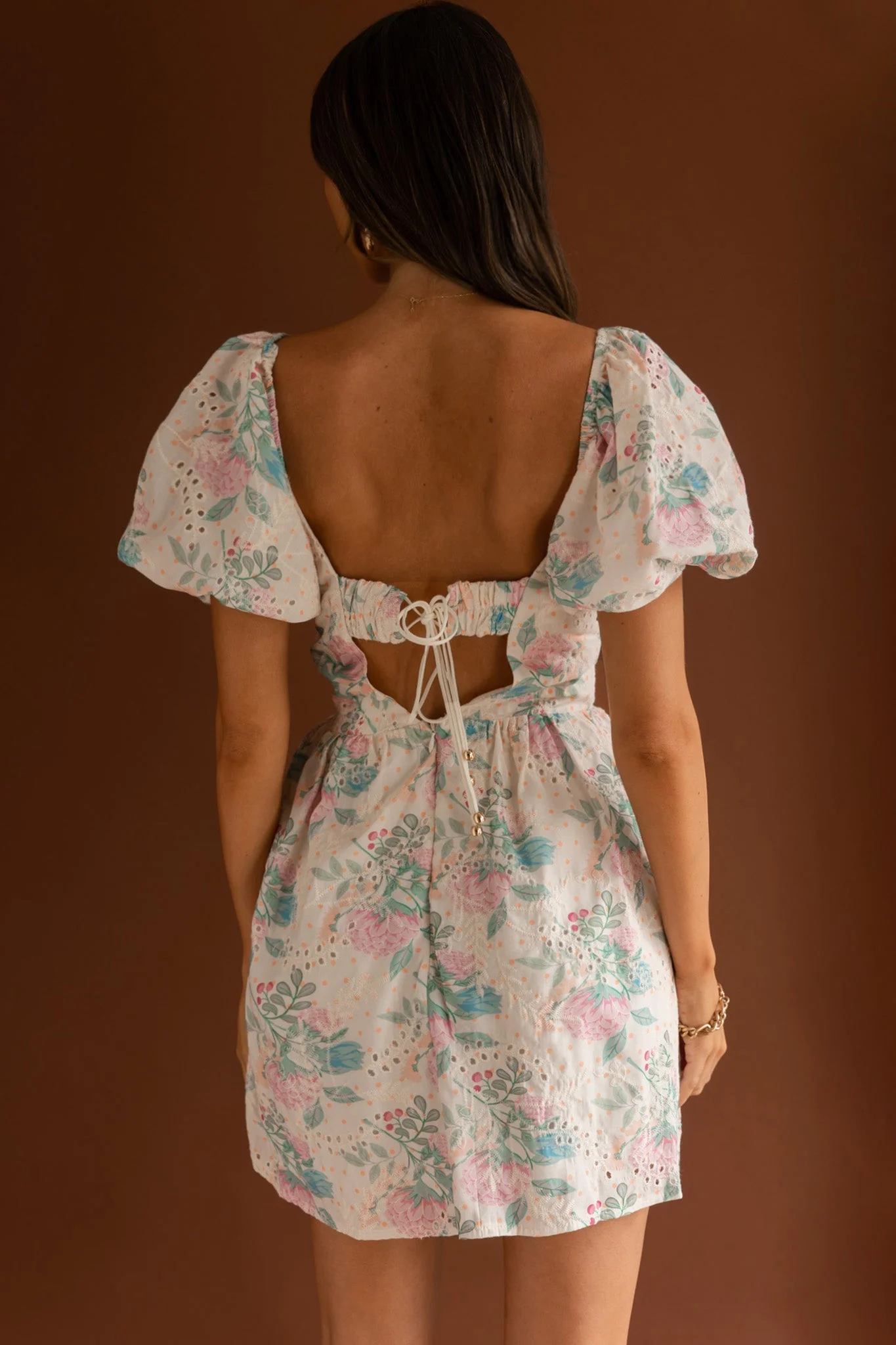 Lovers Lane Lace Trim Puff Sleeve Dress Floral Apricot - Image 2
