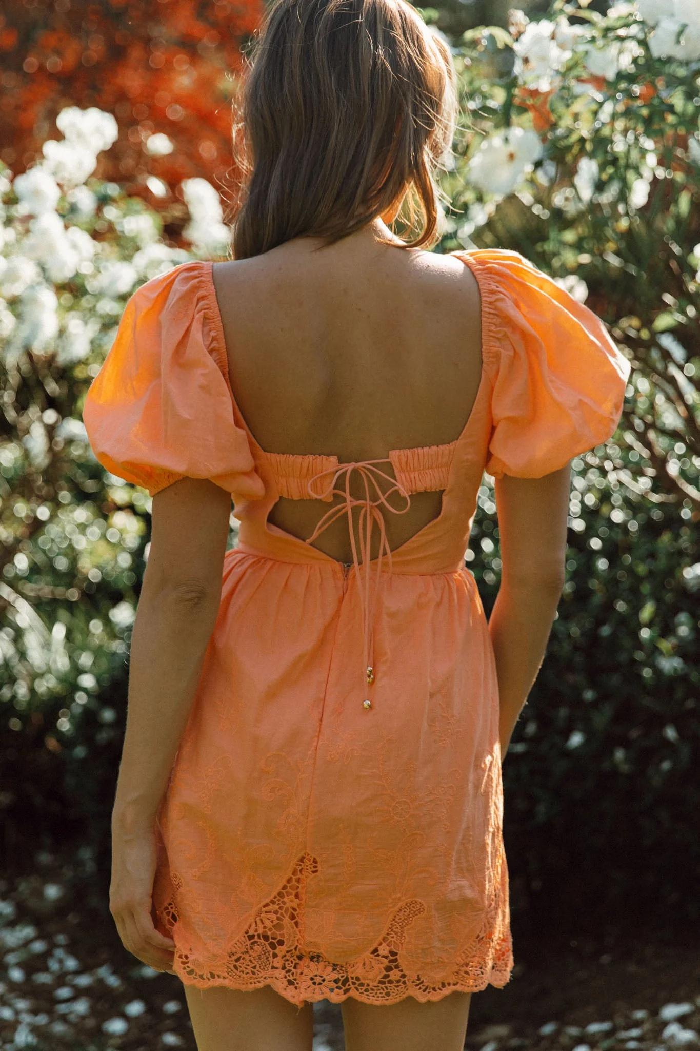 Lovers Lane Lace Trim Puff Sleeve Dress Neon Orange - Image 2