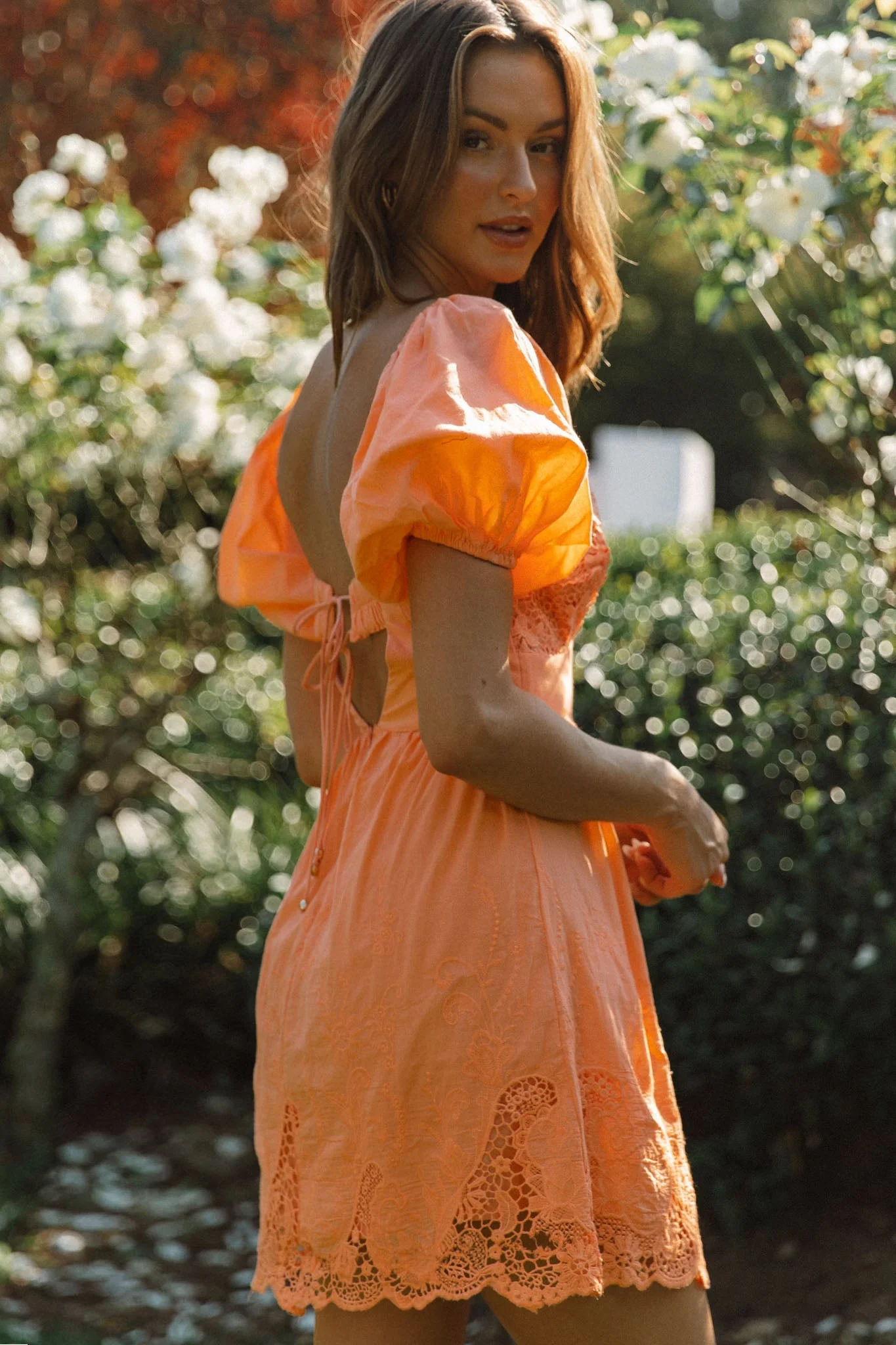 Lovers Lane Lace Trim Puff Sleeve Dress Neon Orange - Image 8