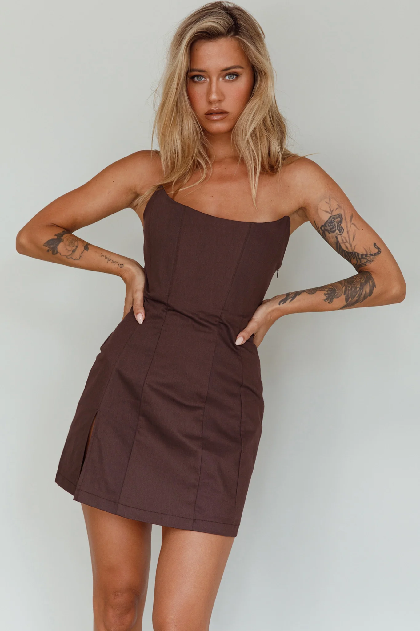 Luann Scoop Neckline Strapless Mini Dress Brown - Image 5