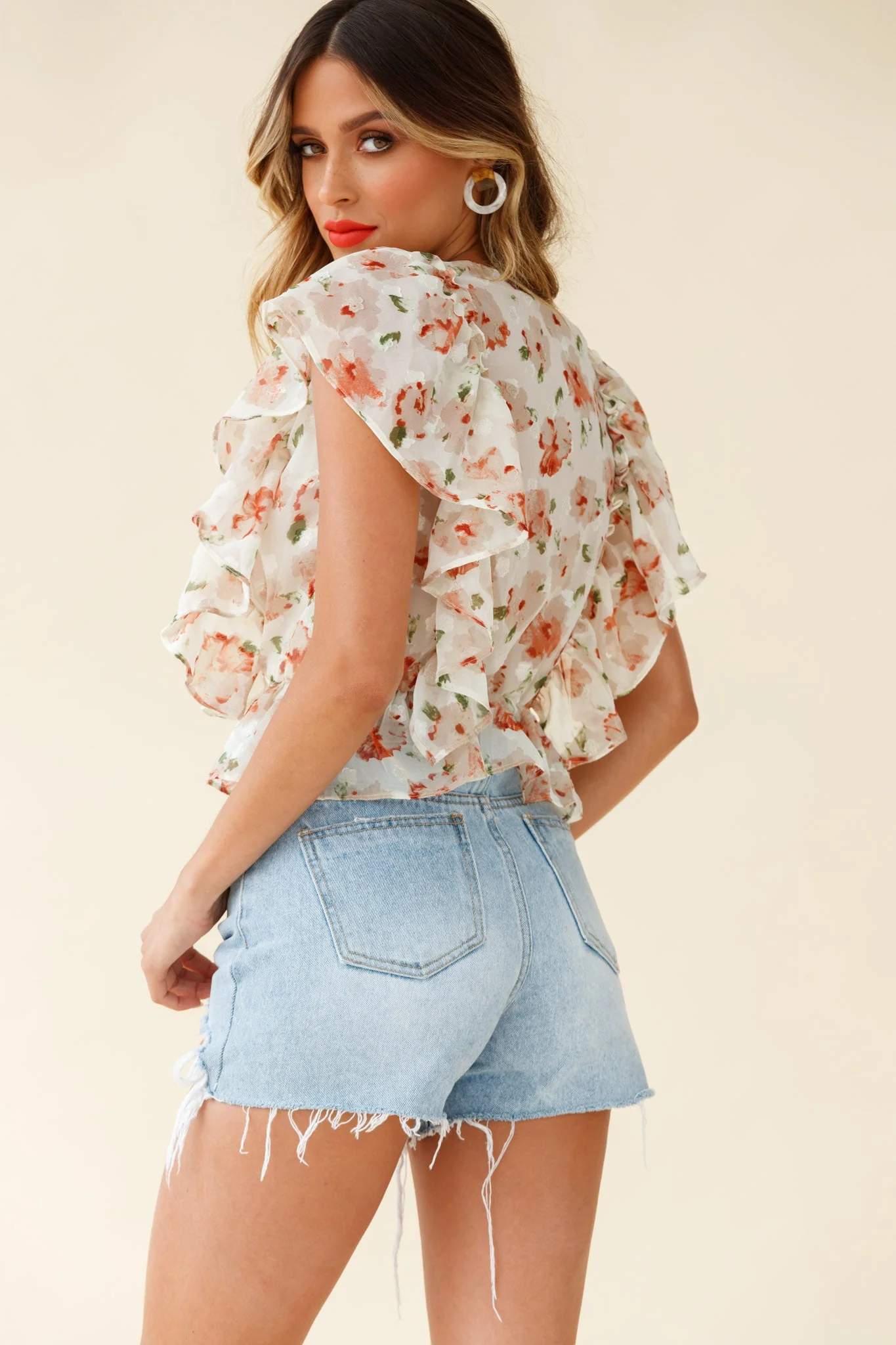 Lucia Surplice Neckline Ruffle Detail Top Floral Print Beige - Image 2