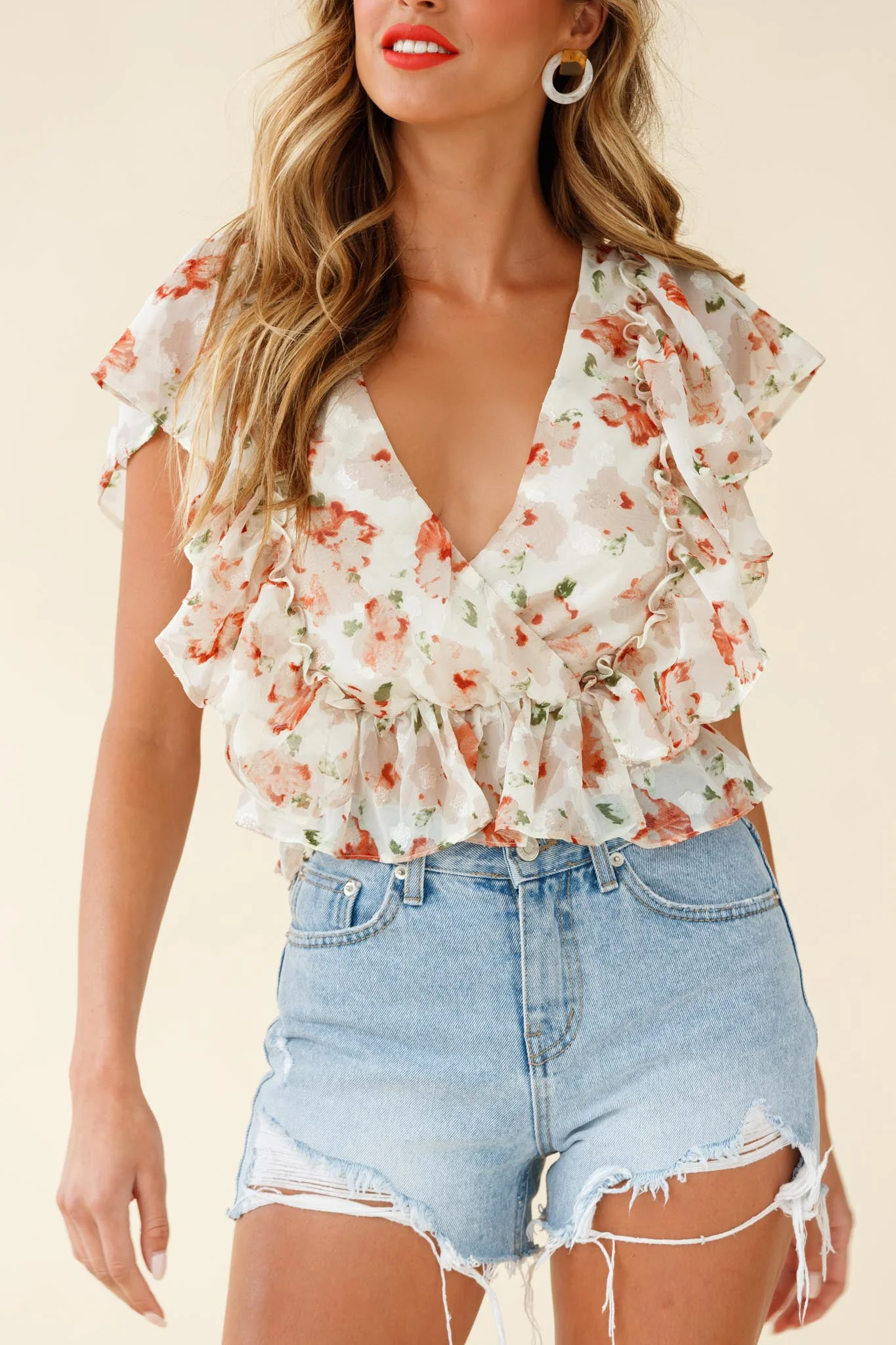 Lucia Surplice Neckline Ruffle Detail Top Floral Print Beige - Image 5