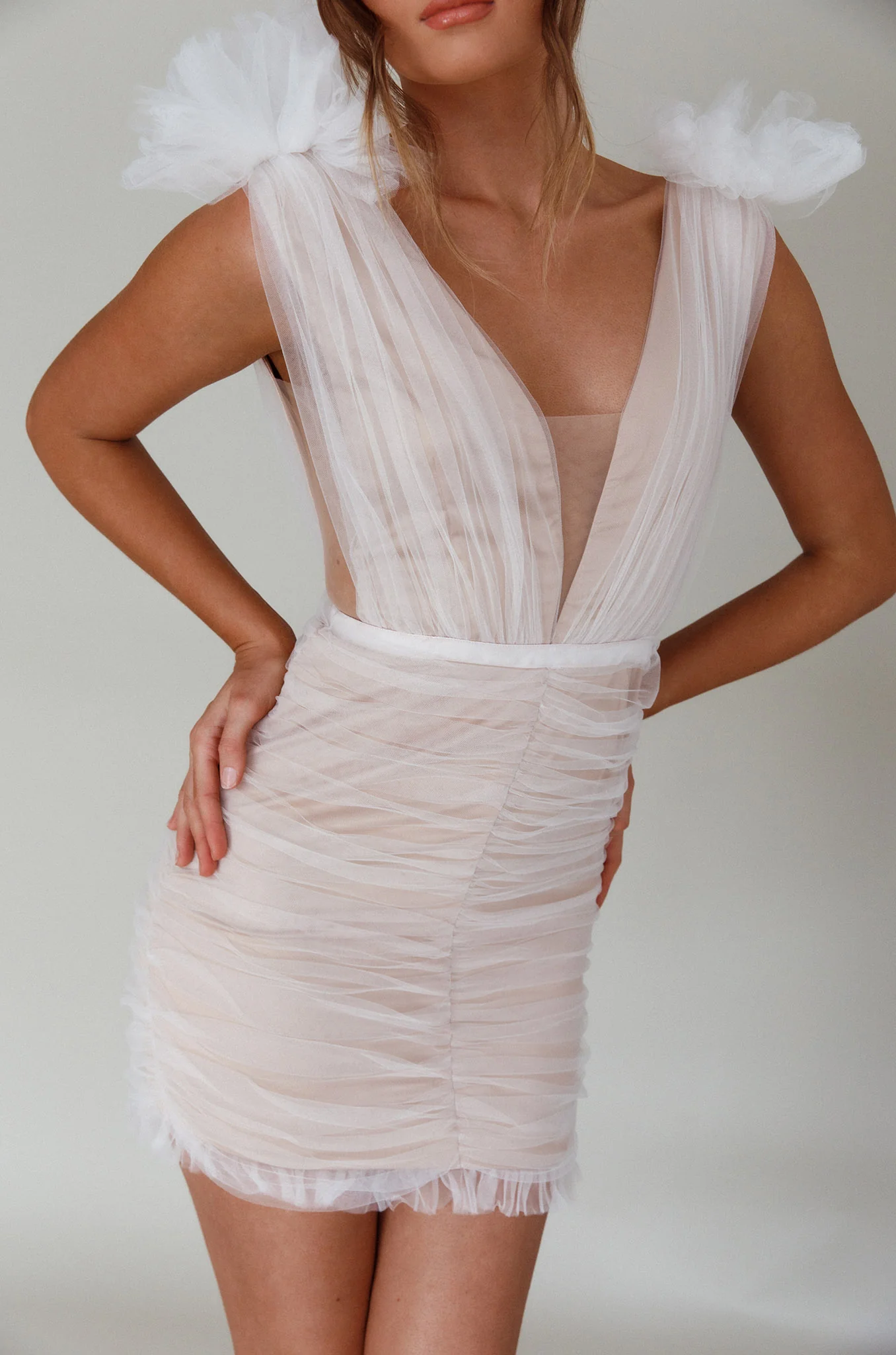 Ludivine Shoulder Accent Mesh Mini Dress White - Image 4