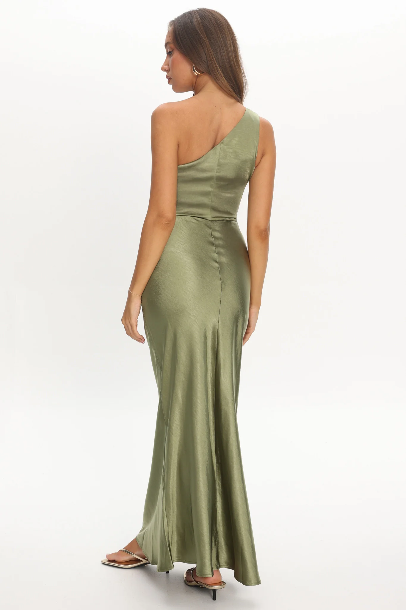 Luli One-Shoulder Waist Sash Maxi Dress Olive - Image 3
