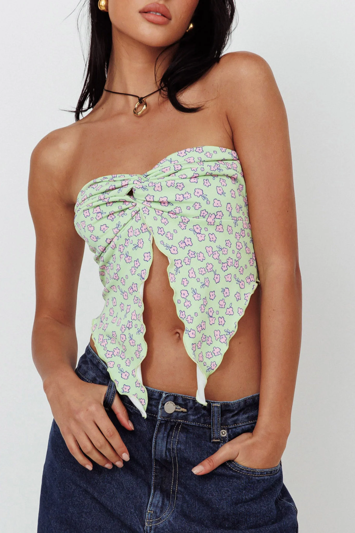 Lulu Strapless Crop Top Lime/Pink - Image 4