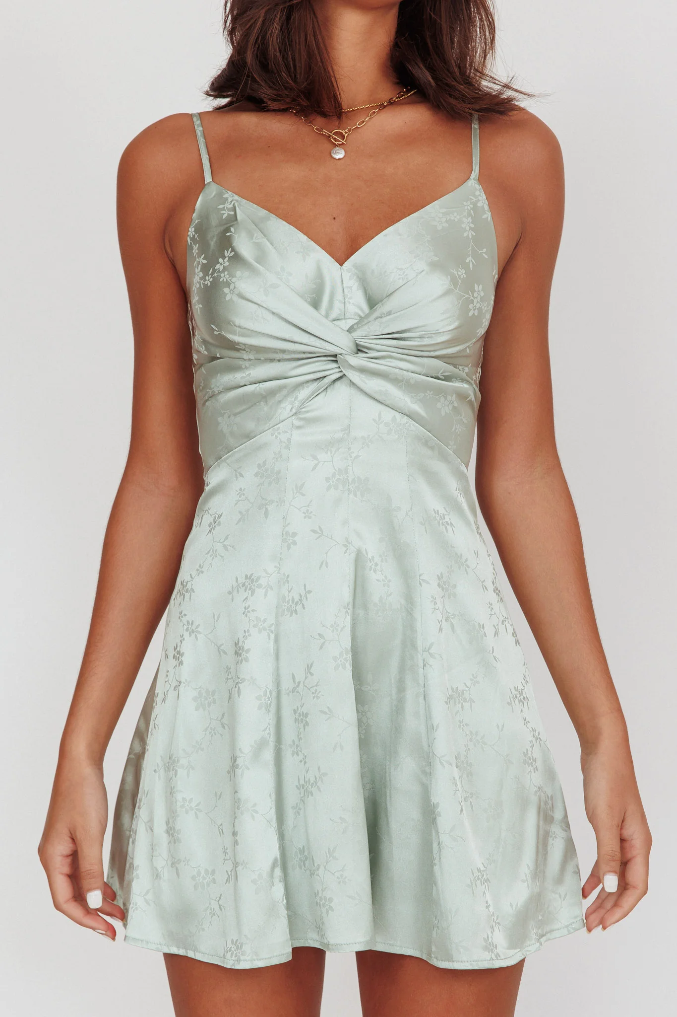 Lumine Floral Jacquard Twist Mini Dress Sage - Image 5