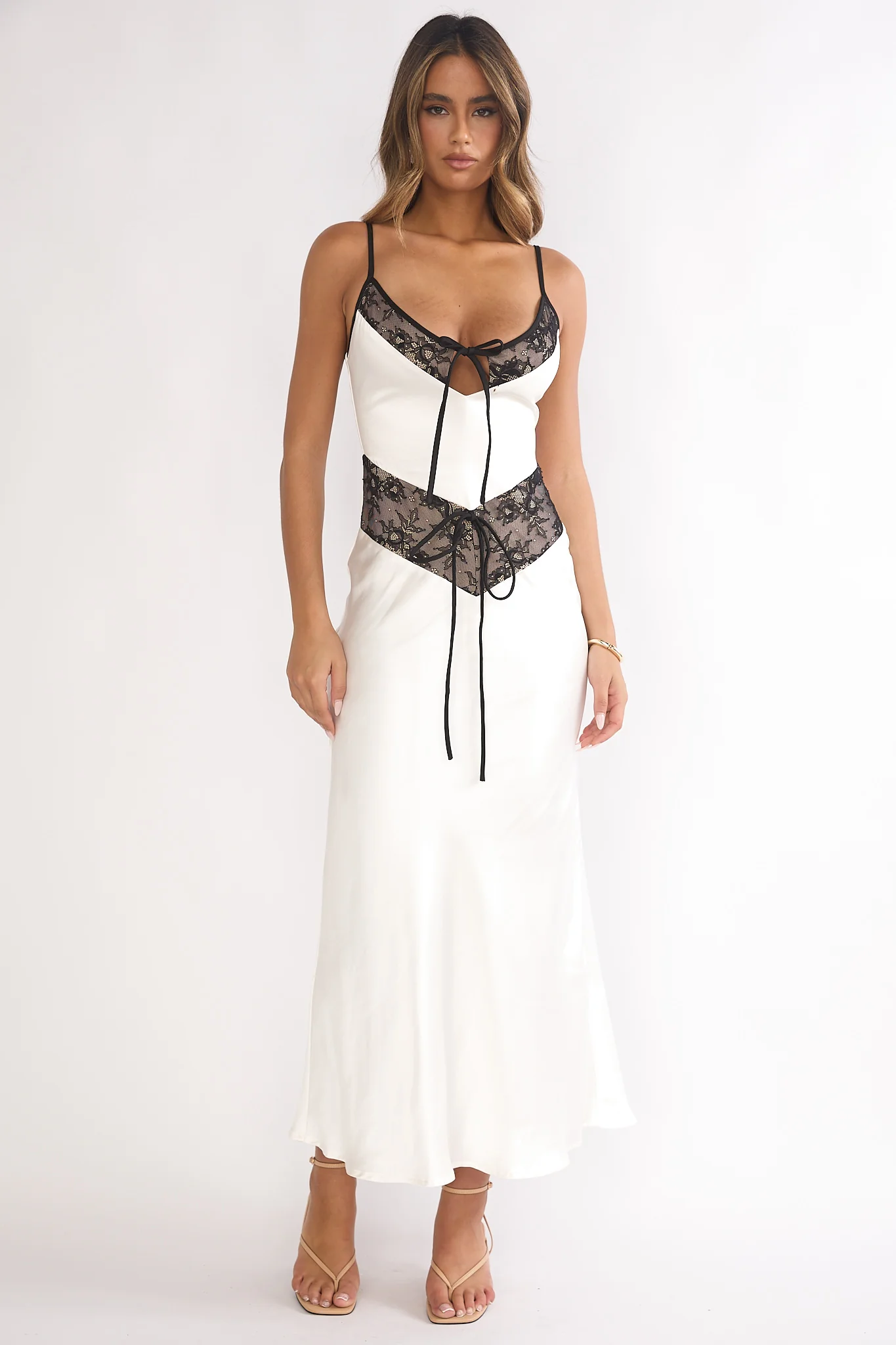 Luna Dolce Lace Trim Tie Maxi Dress Oyster - Image 5
