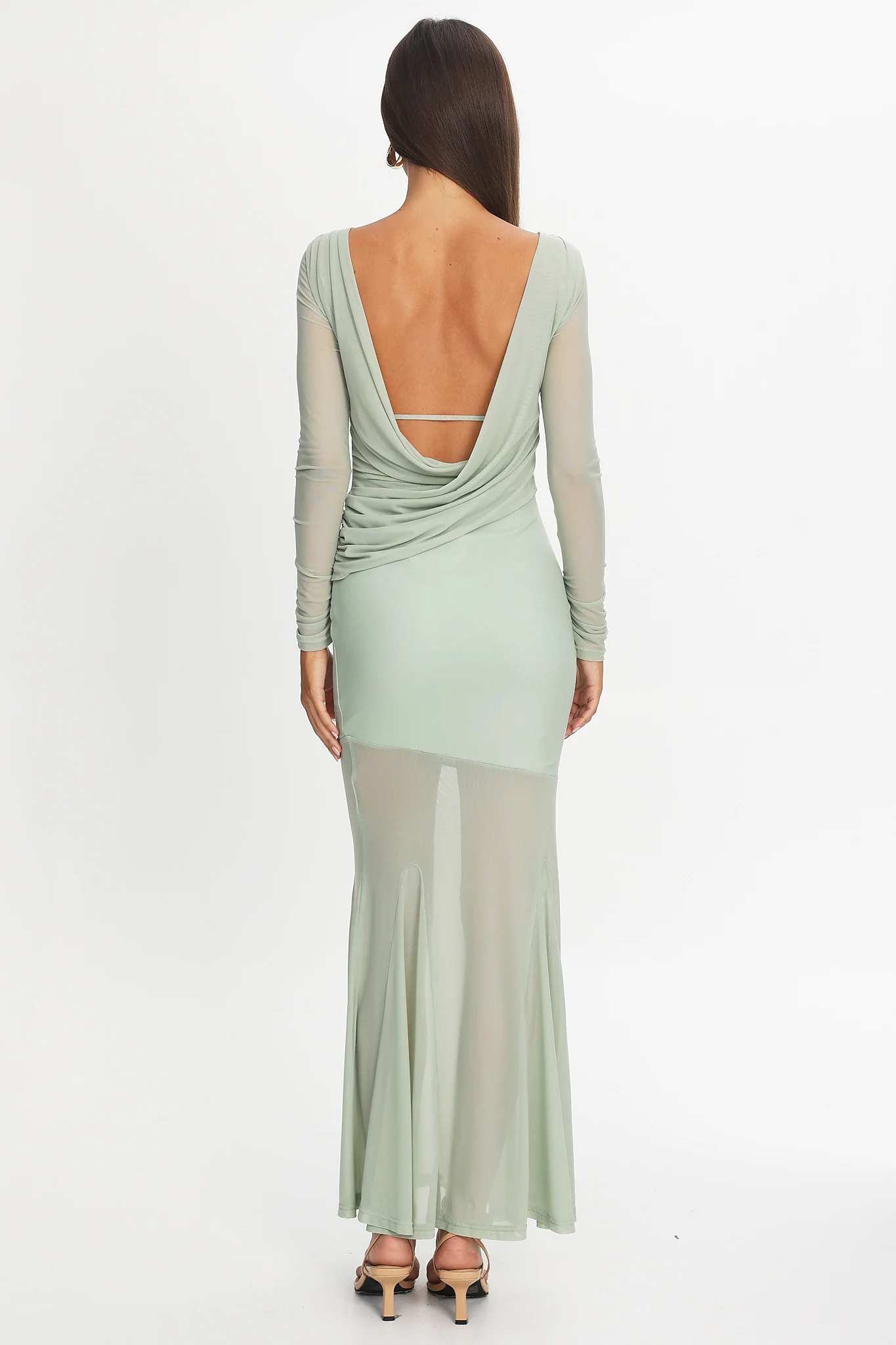 Lustre Long Sleeve Open Back Maxi Dress Sage - Image 3
