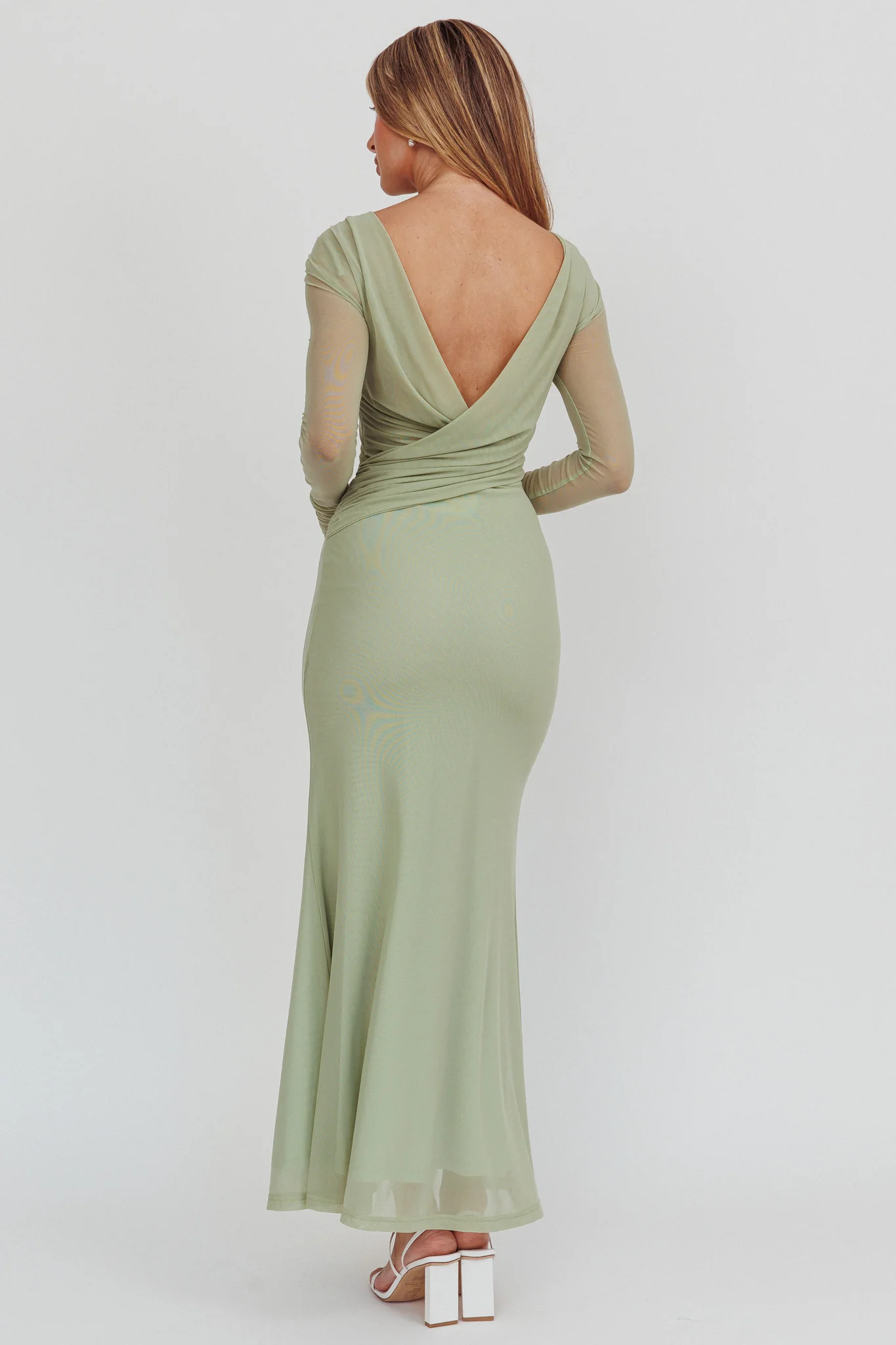 Lustre Open Back Mesh Maxi Dress Sage - Image 3