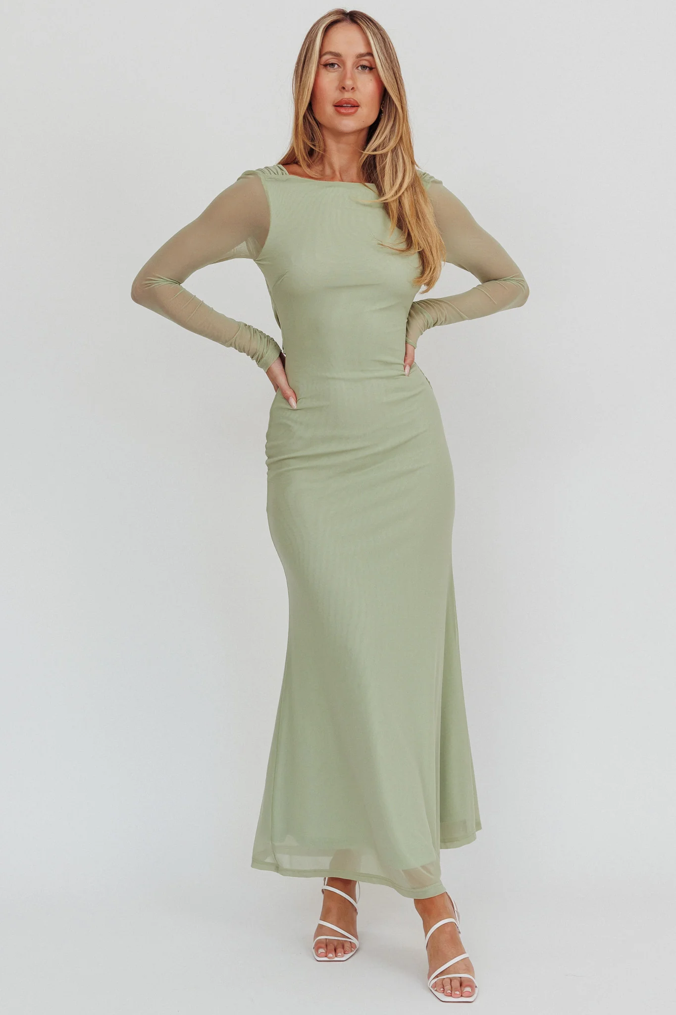 Lustre Open Back Mesh Maxi Dress Sage - Image 4