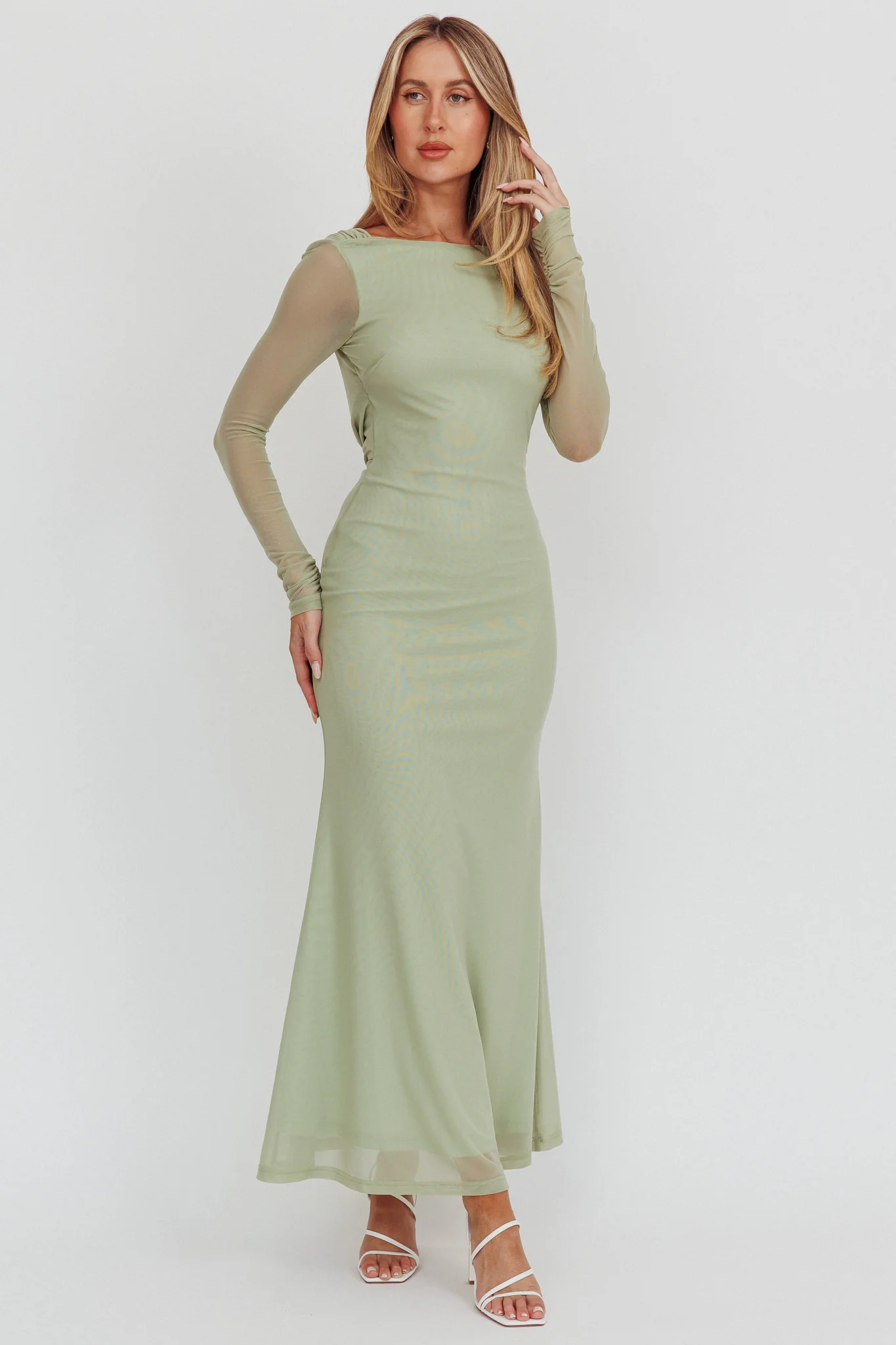 Lustre Open Back Mesh Maxi Dress Sage - Image 6