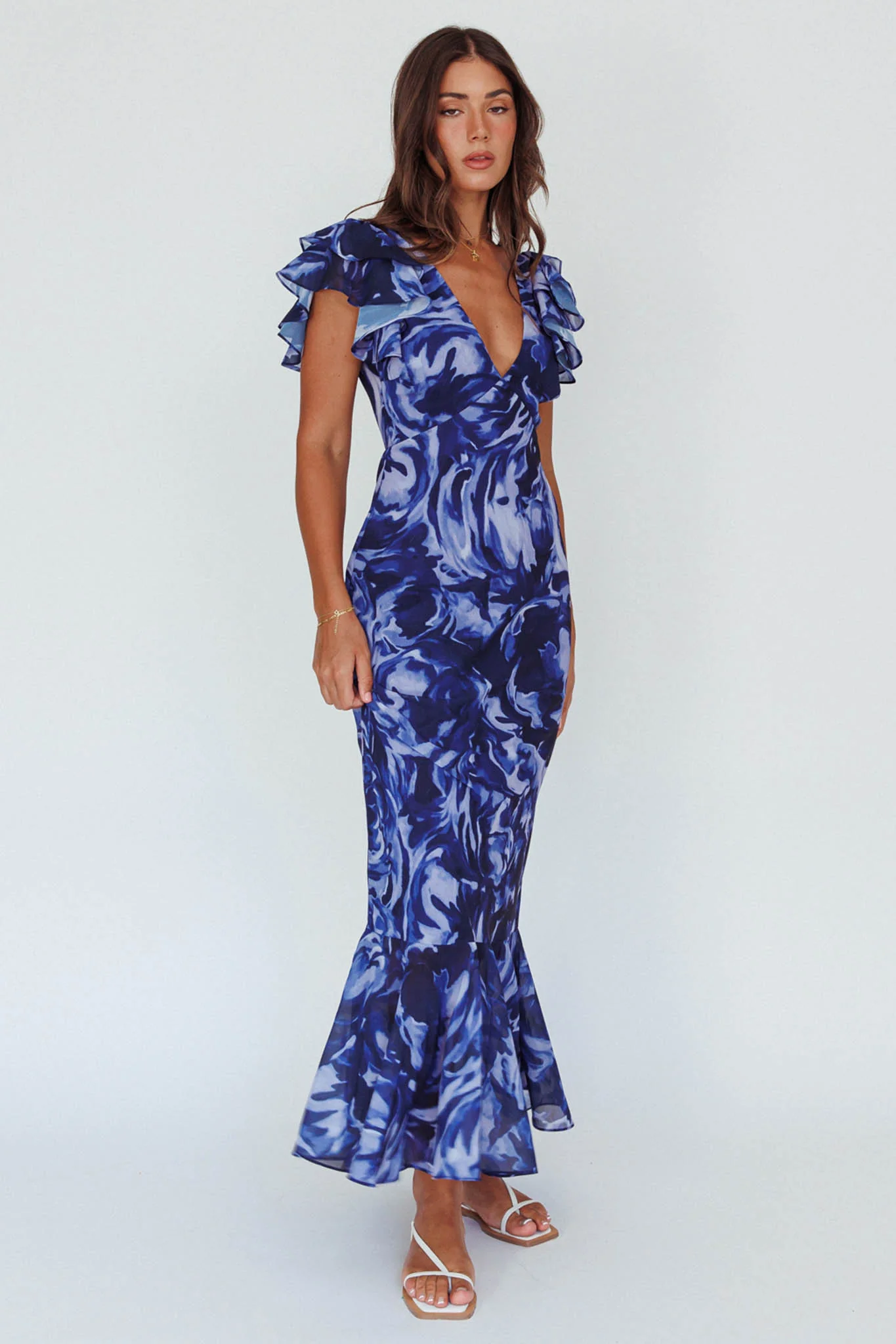 Lydiah Ruffle Sleeve Maxi Dress Floral Blue - Image 3