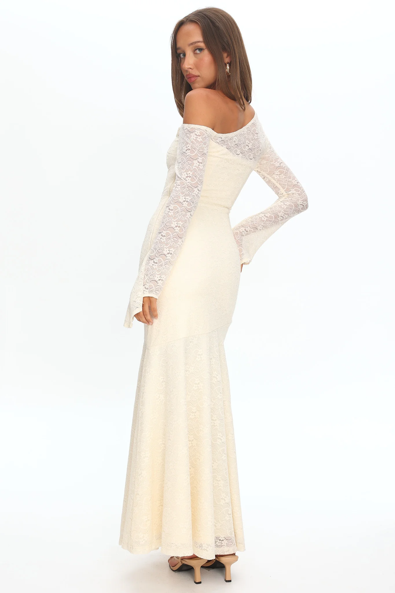 Lylah Asymmetric Neckline Long Sleeve Maxi Dress Lace Butter - Image 2
