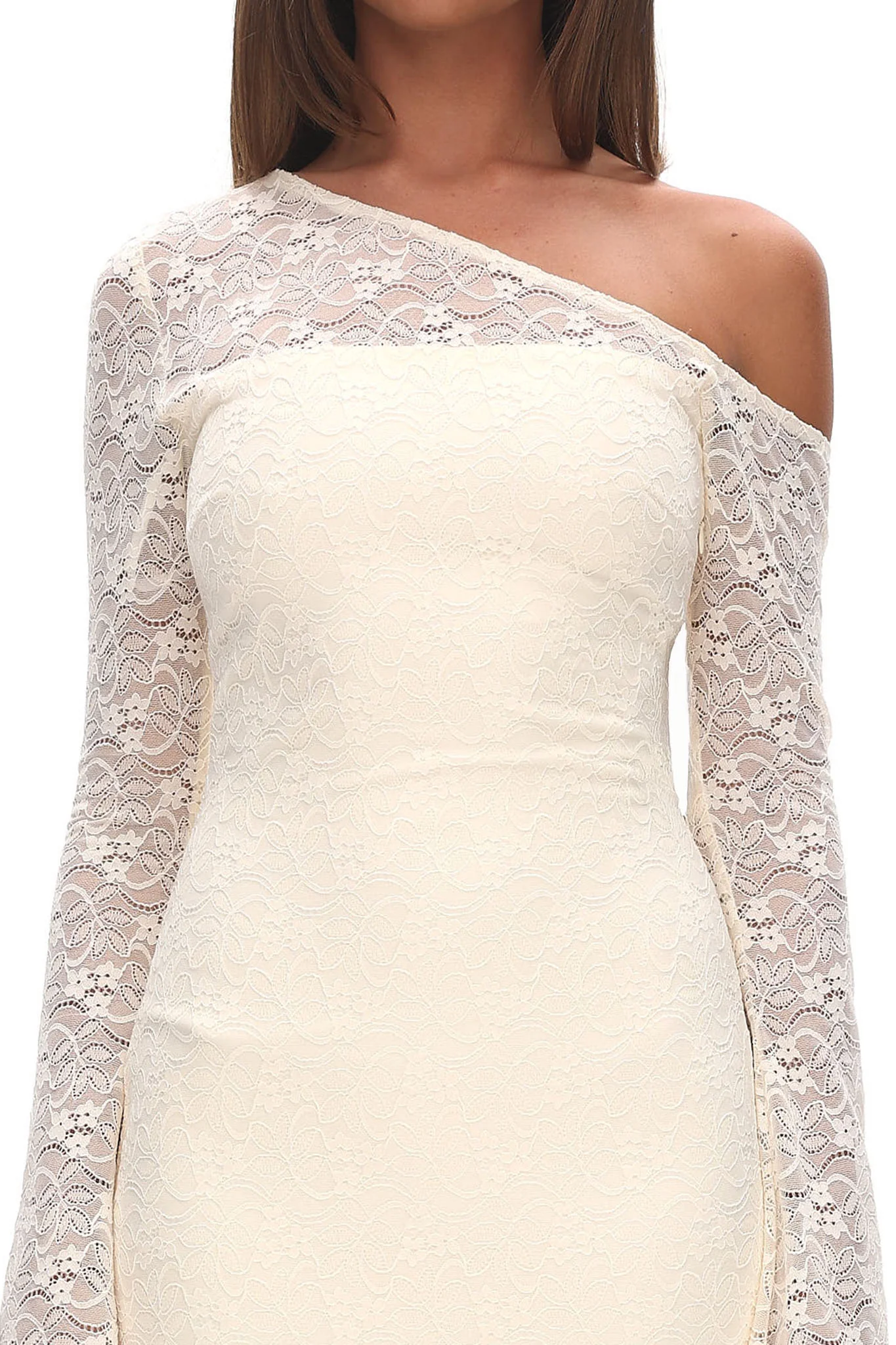 Lylah Asymmetric Neckline Long Sleeve Maxi Dress Lace Butter - Image 3
