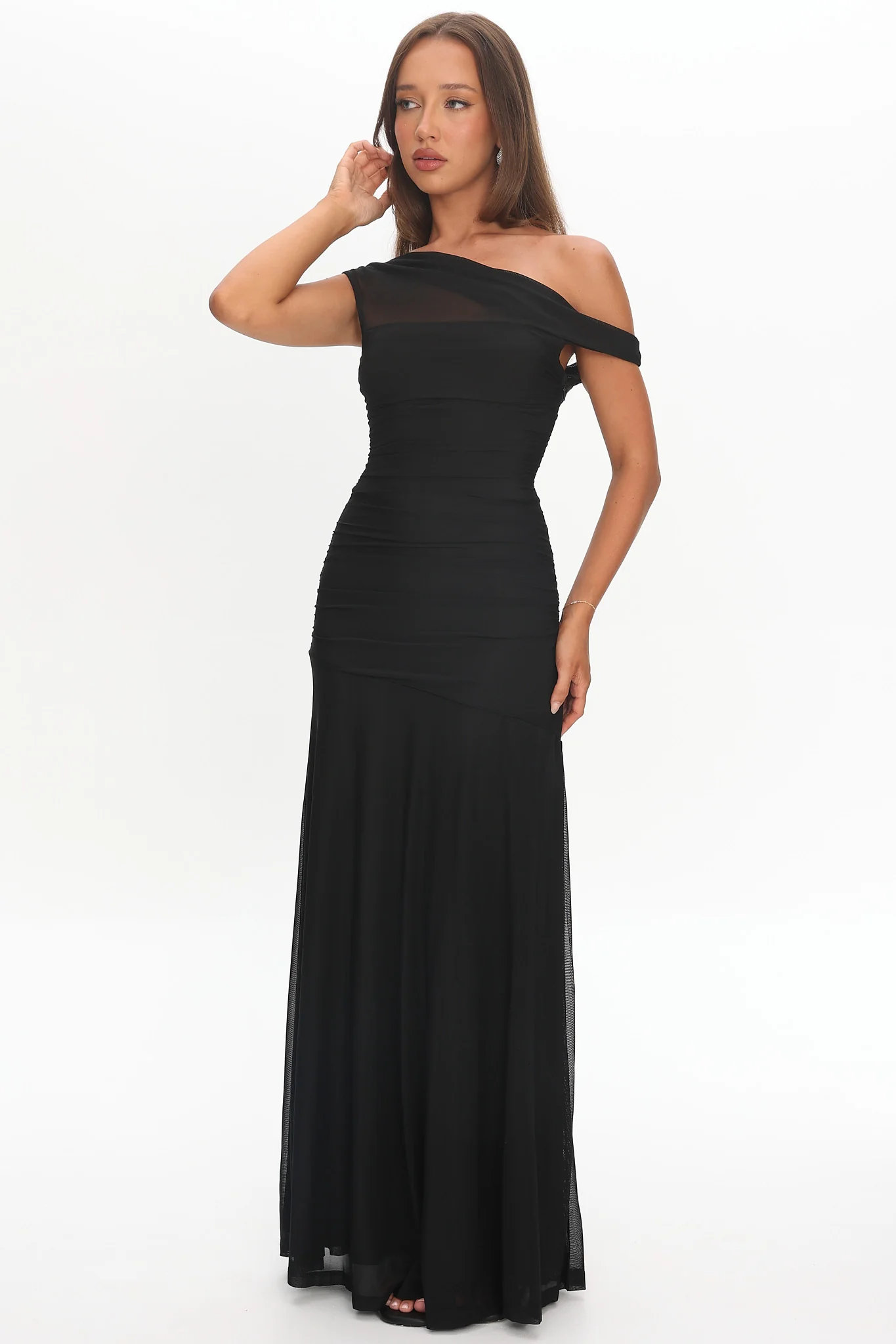 Lylah Asymmetric Neckline Mesh Maxi Dress Black - Image 2