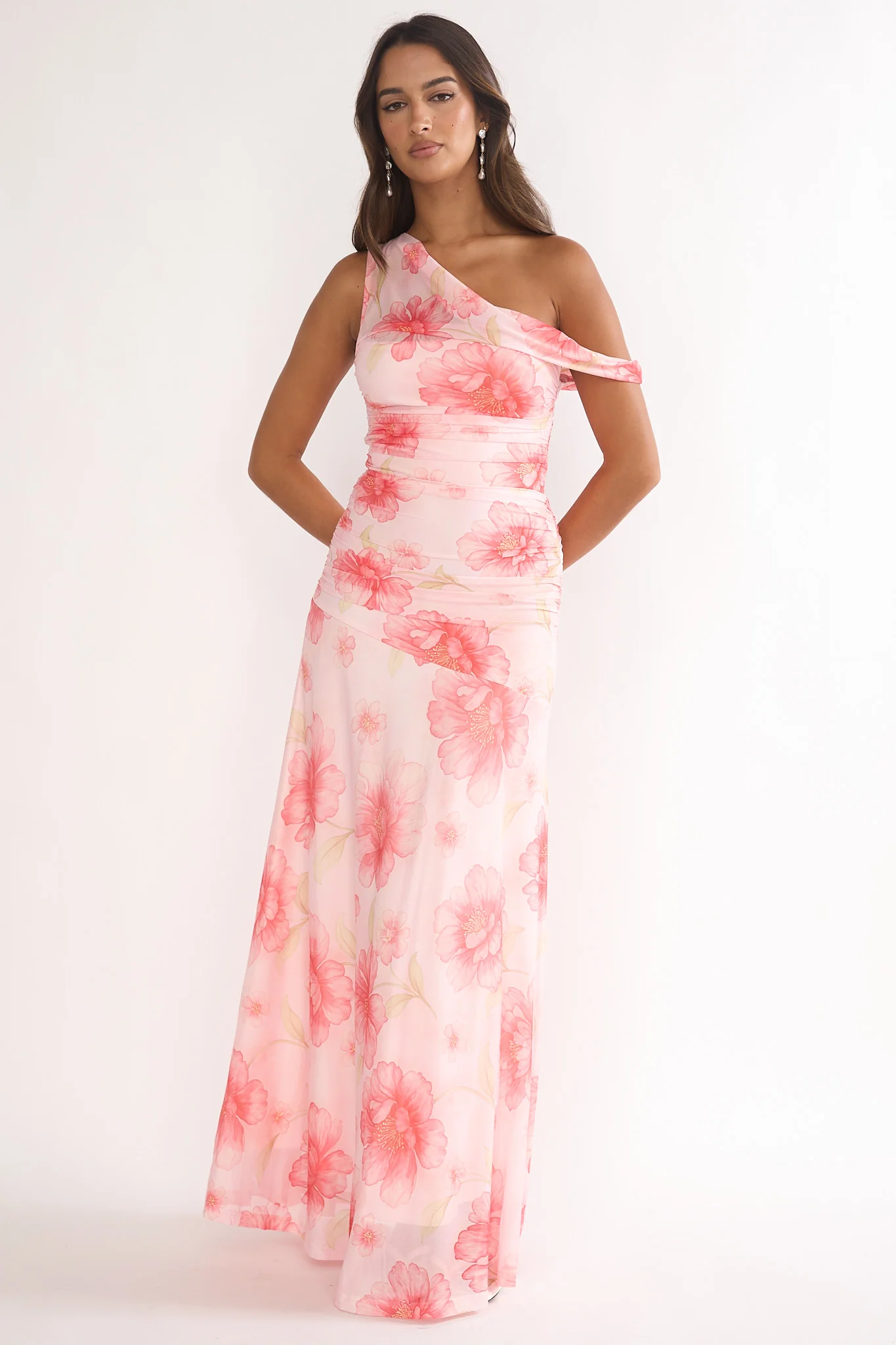 Lylah Asymmetric Neckline Mesh Maxi Dress Floral Pink - Image 4