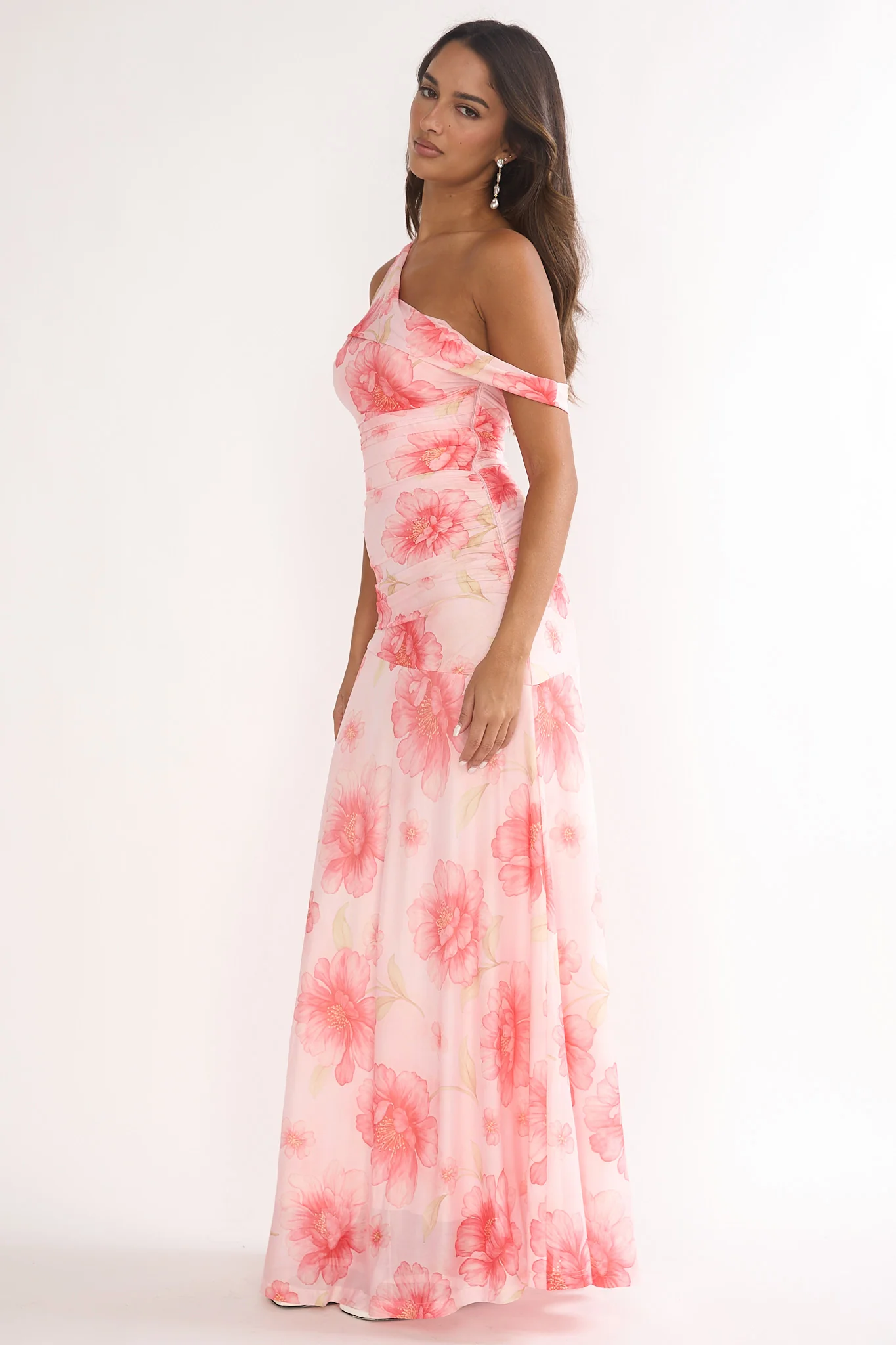 Lylah Asymmetric Neckline Mesh Maxi Dress Floral Pink - Image 6