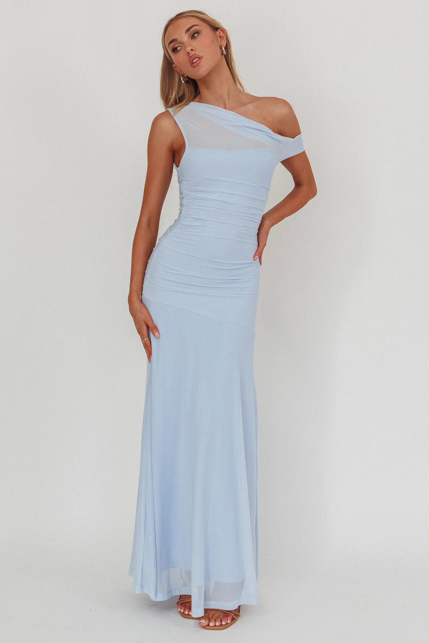 Lylah Asymmetric Neckline Mesh Maxi Dress Ice Blue - Image 5