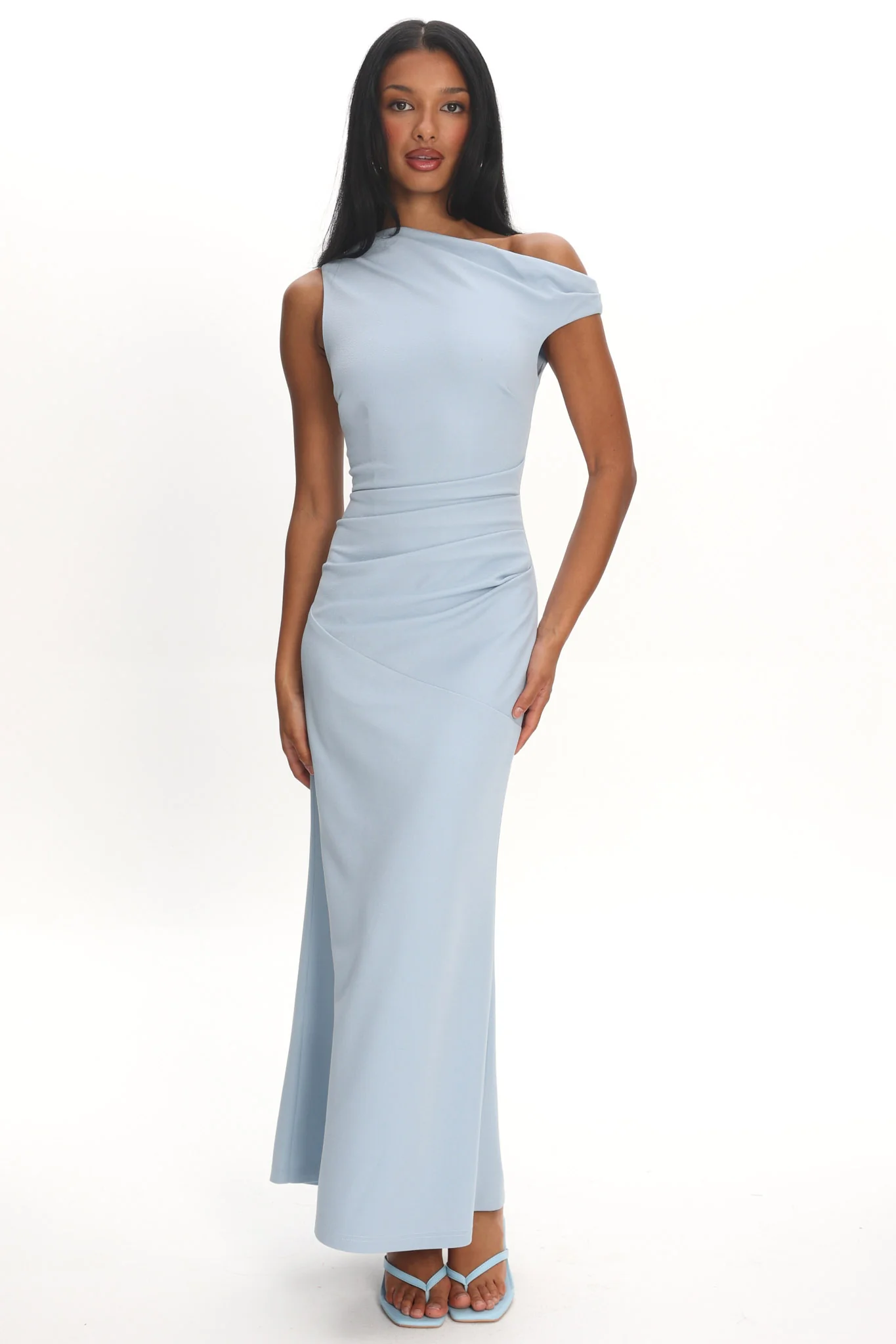 Lylah Asymmetric Neckline Mesh Maxi Dress Light Blue - Image 2