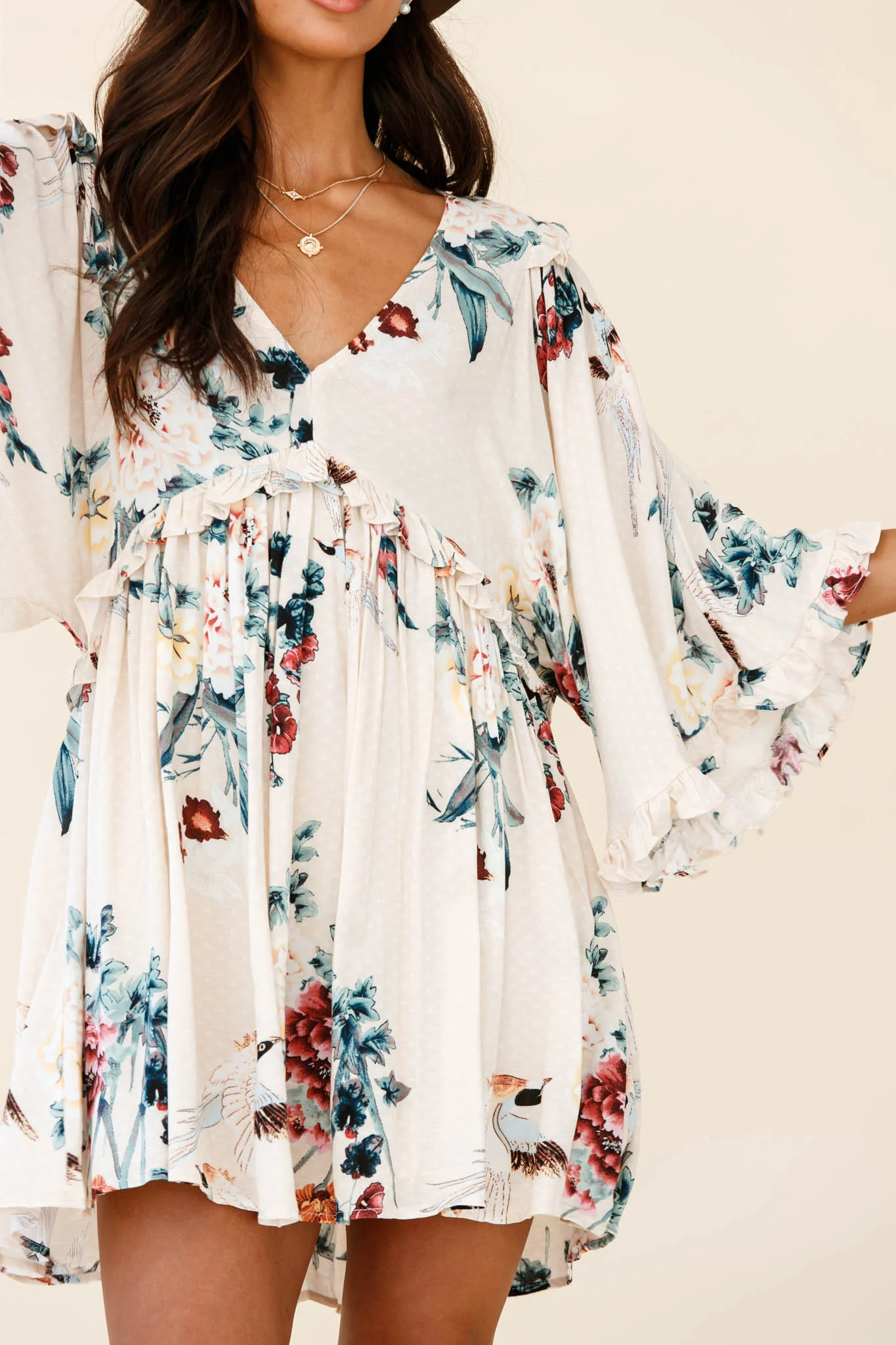 Lynette Loose Fit Angel Sleeve Dress Botanic Print Nude - Image 5