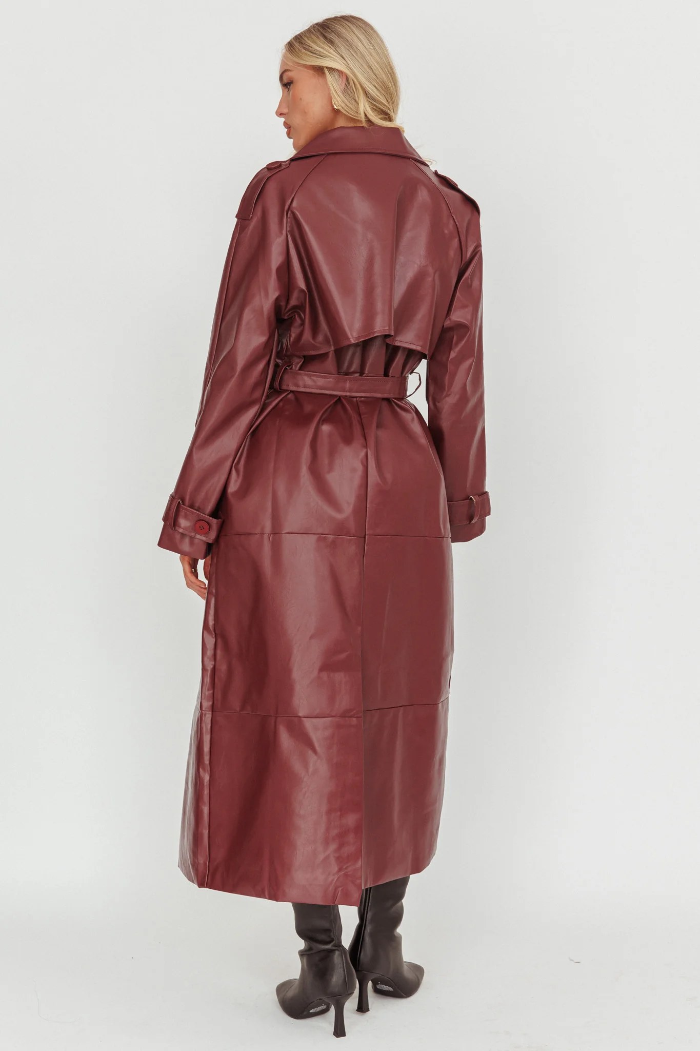 Lyora Longline Faux Leather Trench Coat Burgundy - Image 3