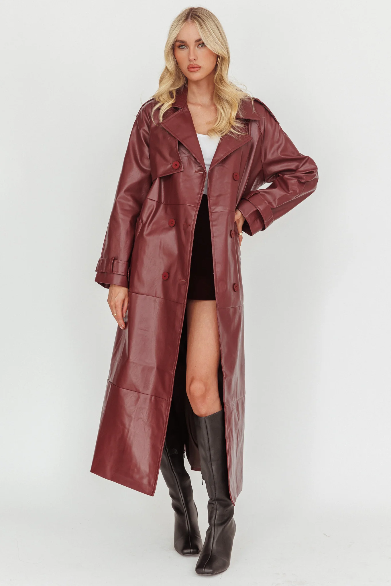 Lyora Longline Faux Leather Trench Coat Burgundy - Image 5