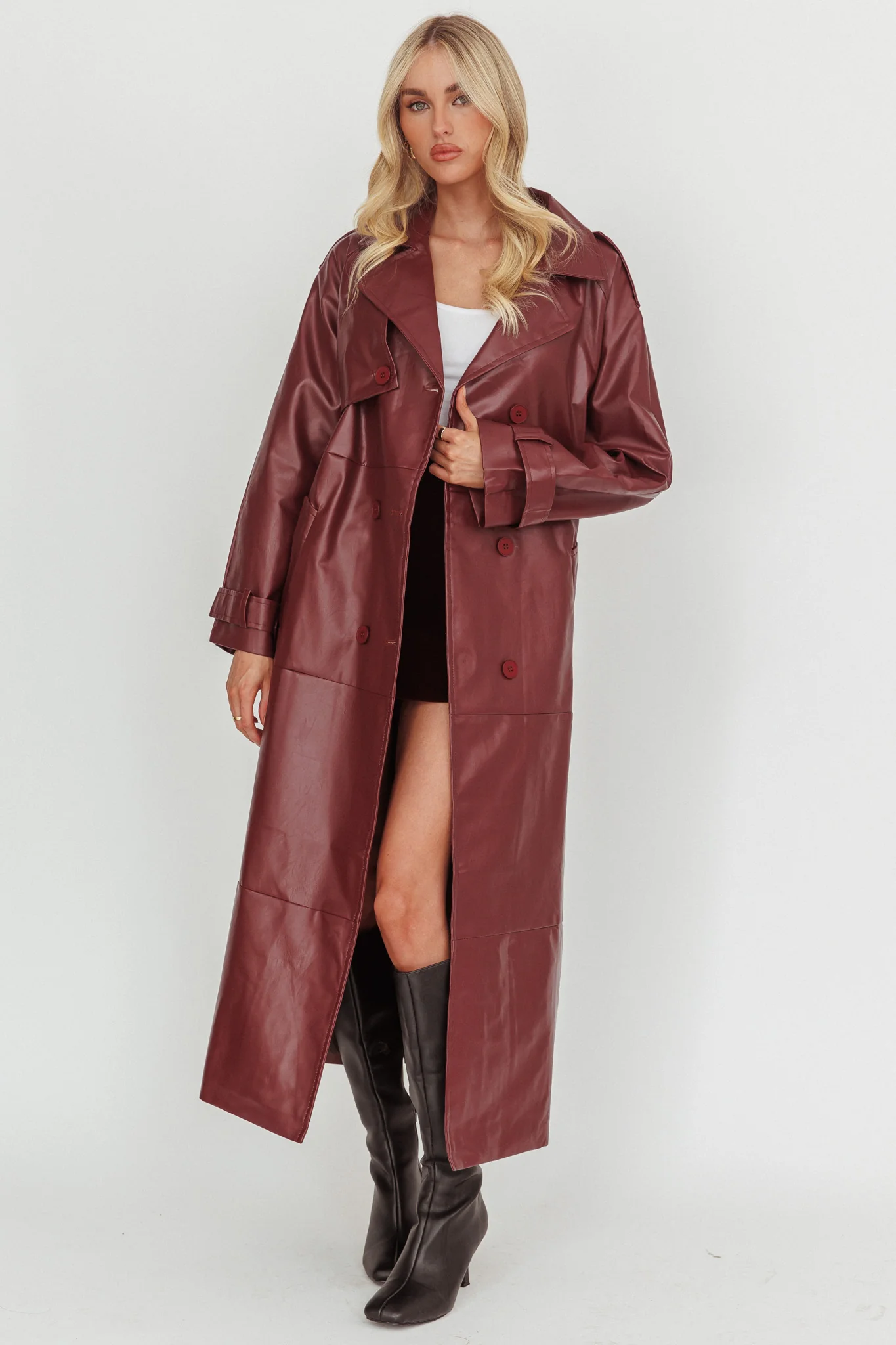 Lyora Longline Faux Leather Trench Coat Burgundy - Image 6
