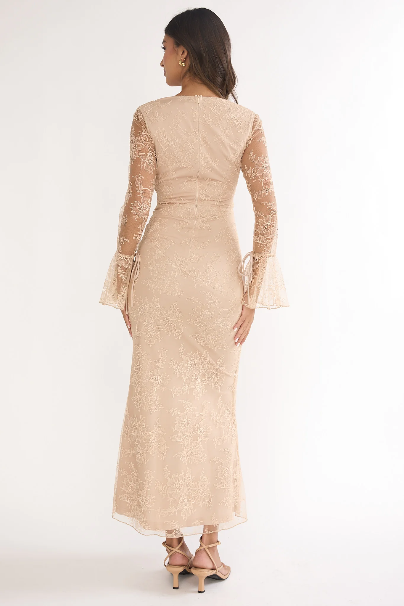 Lysandra Flared Cuff Maxi Dress Lace Beige - Image 2