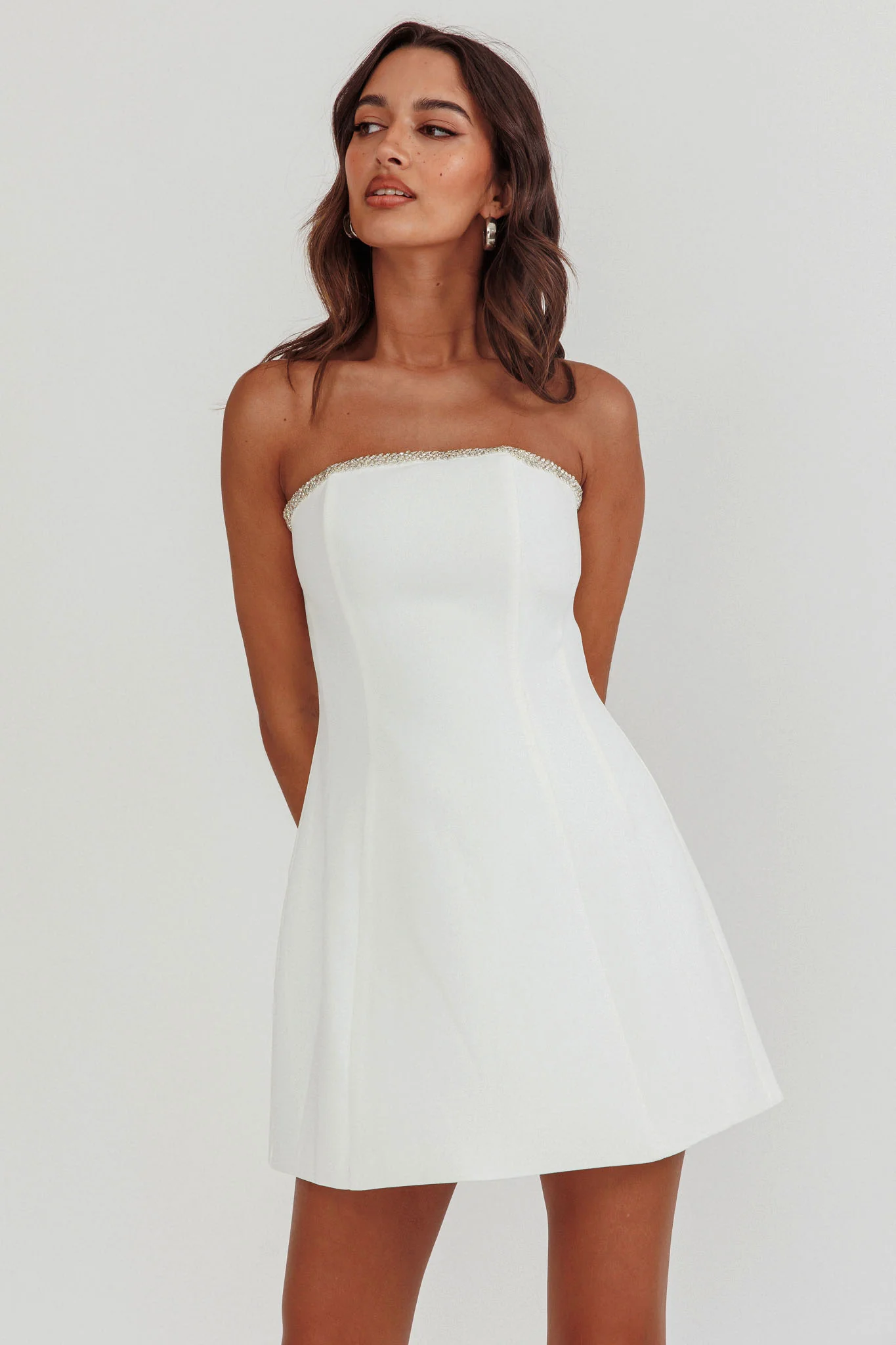 Macaila Rhinestone Trim Strapless Mini Dress Off White - Image 5