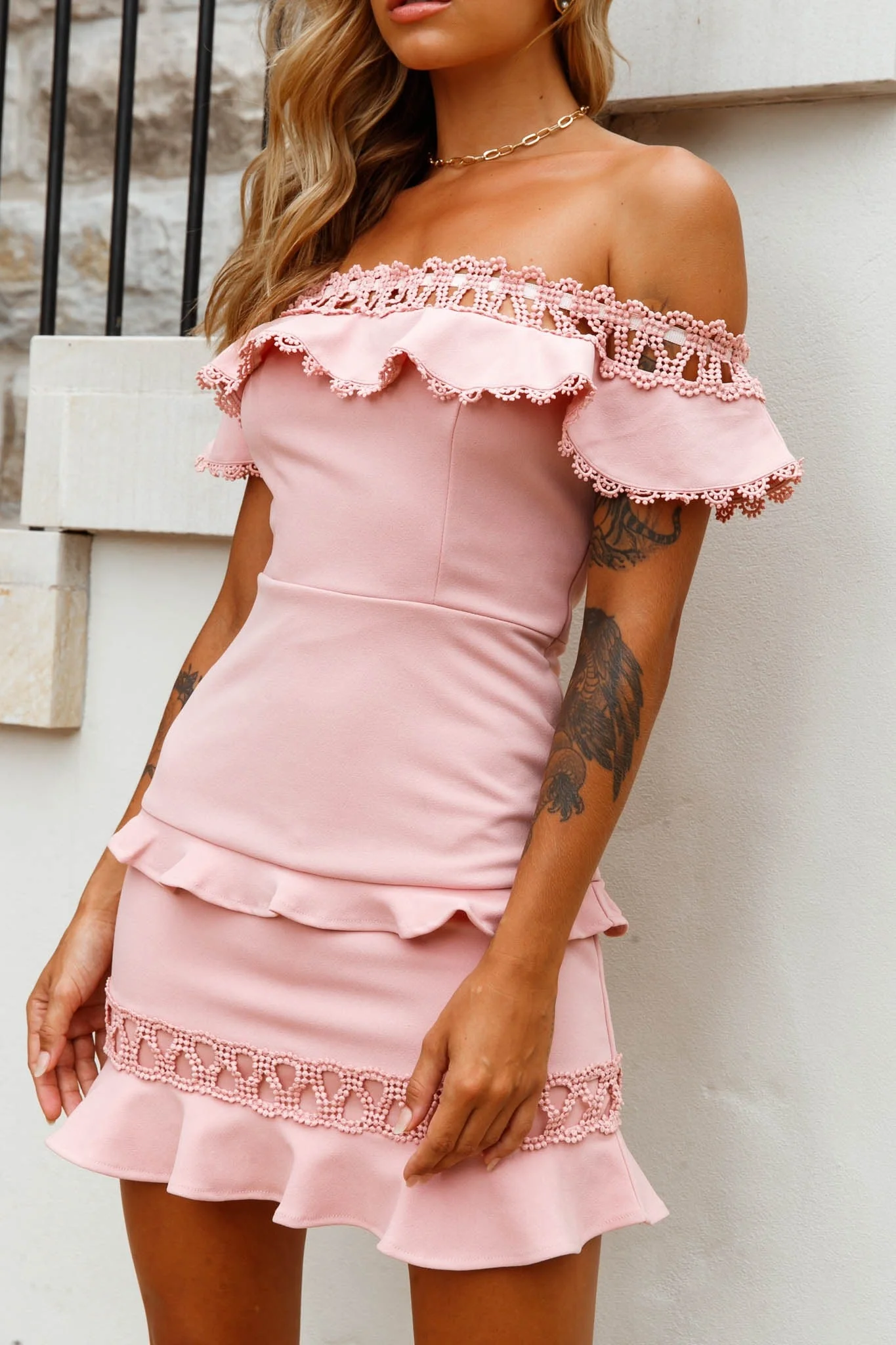 Maddie Off-Shoulder Lace Embroidery Dress Blush - Image 6