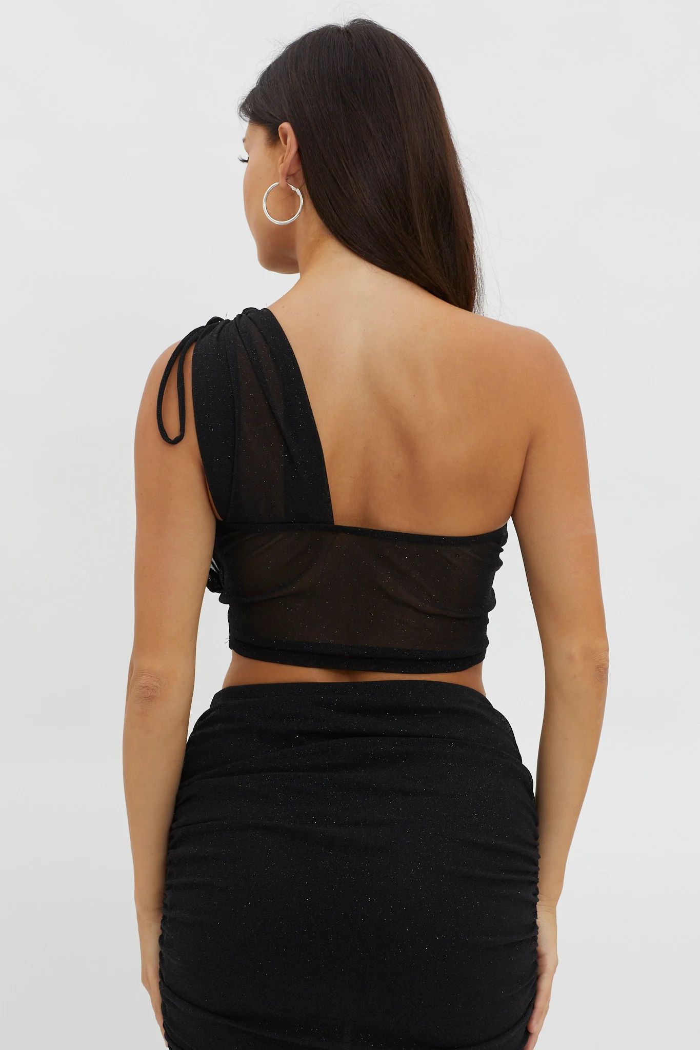 Maddisan One-Shoulder Glitter Mesh Top Black - Image 2