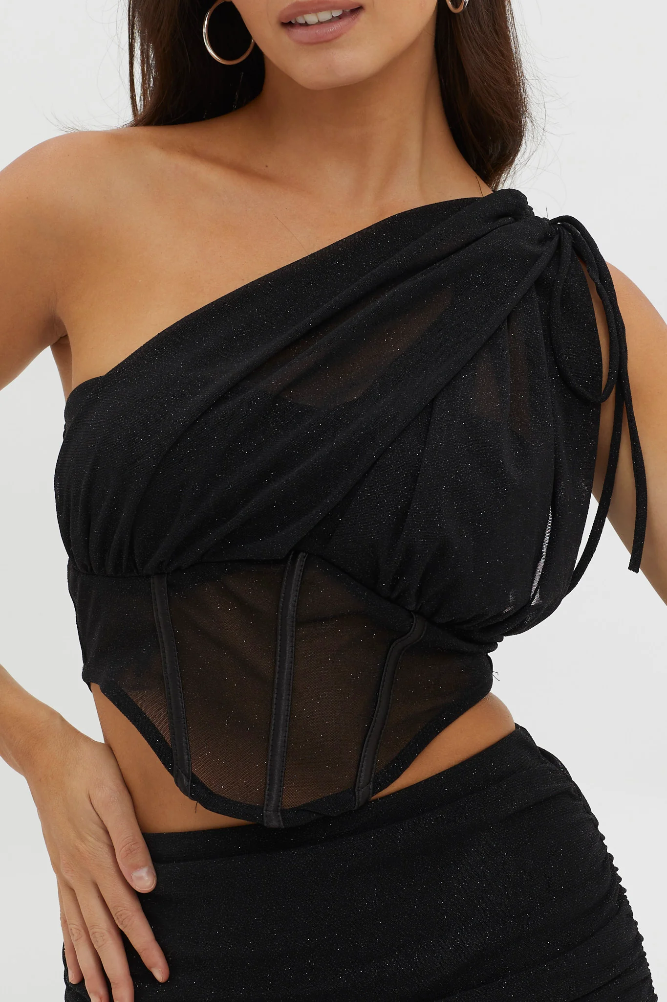Maddisan One-Shoulder Glitter Mesh Top Black - Image 3