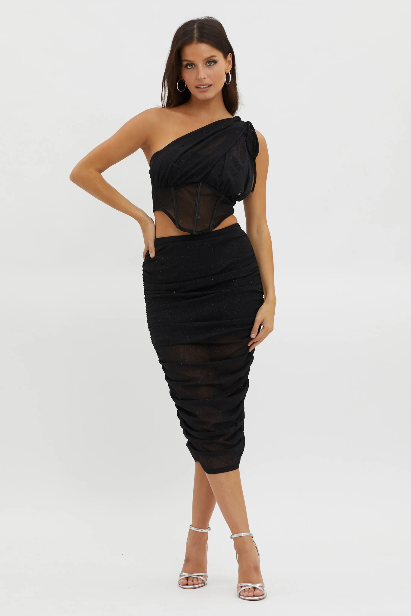Maddisan One-Shoulder Glitter Mesh Top Black - Image 4