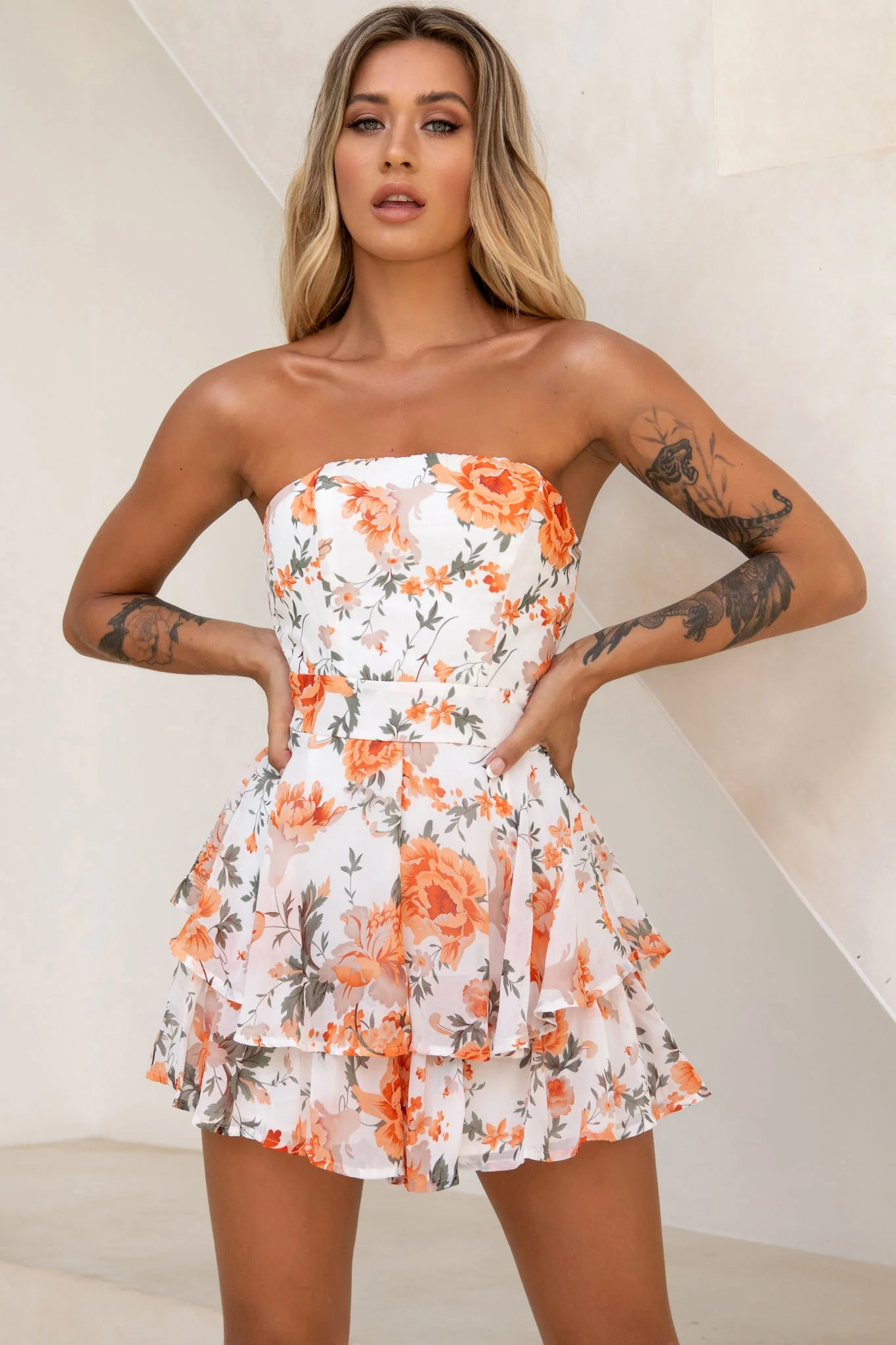 Maddox Fit & Flare Bandeau Romper Rose Print Orange - Image 5