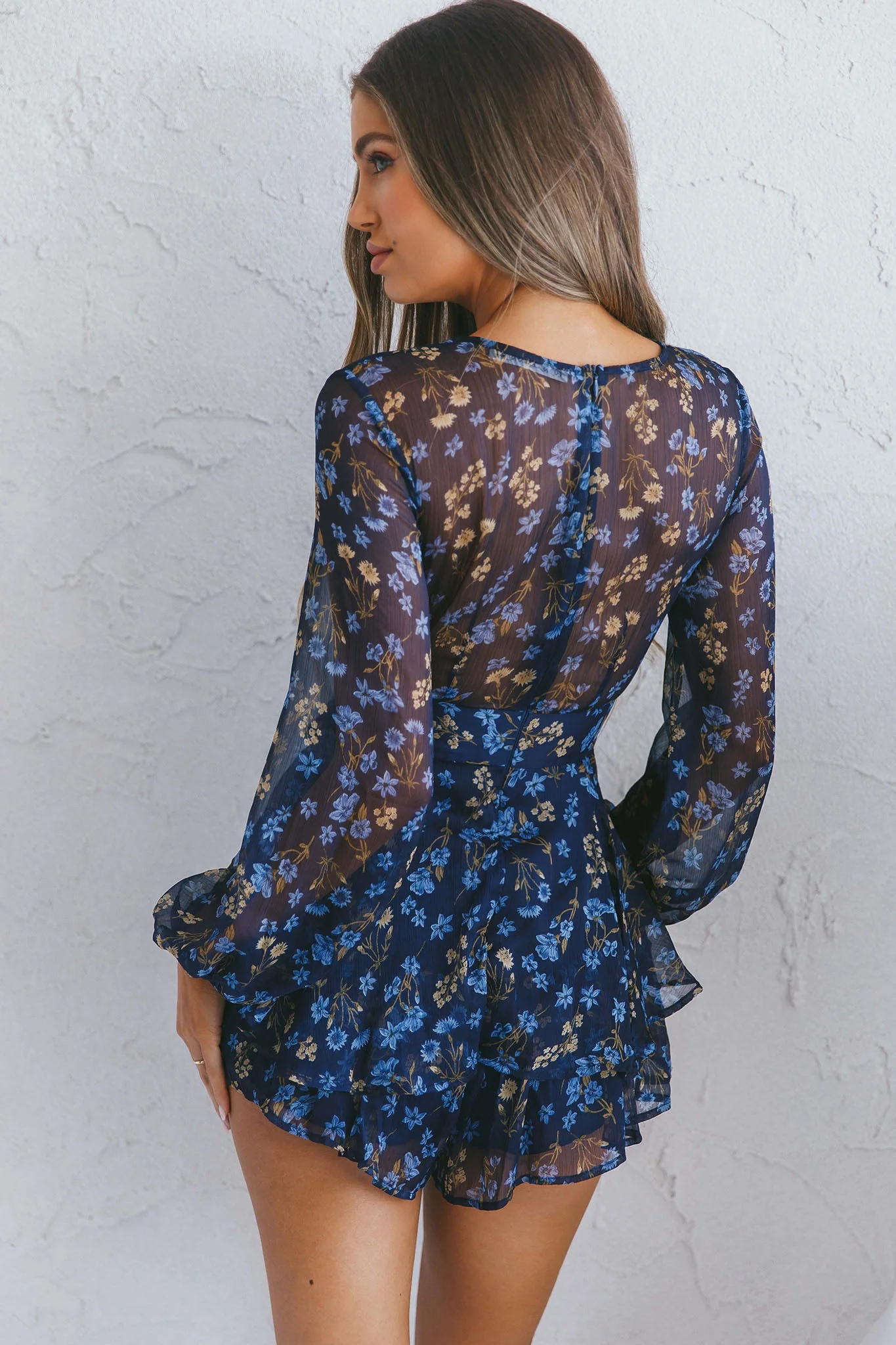 Maddox Fit & Flare Long Sleeve Romper Botanic Print Navy - Image 2