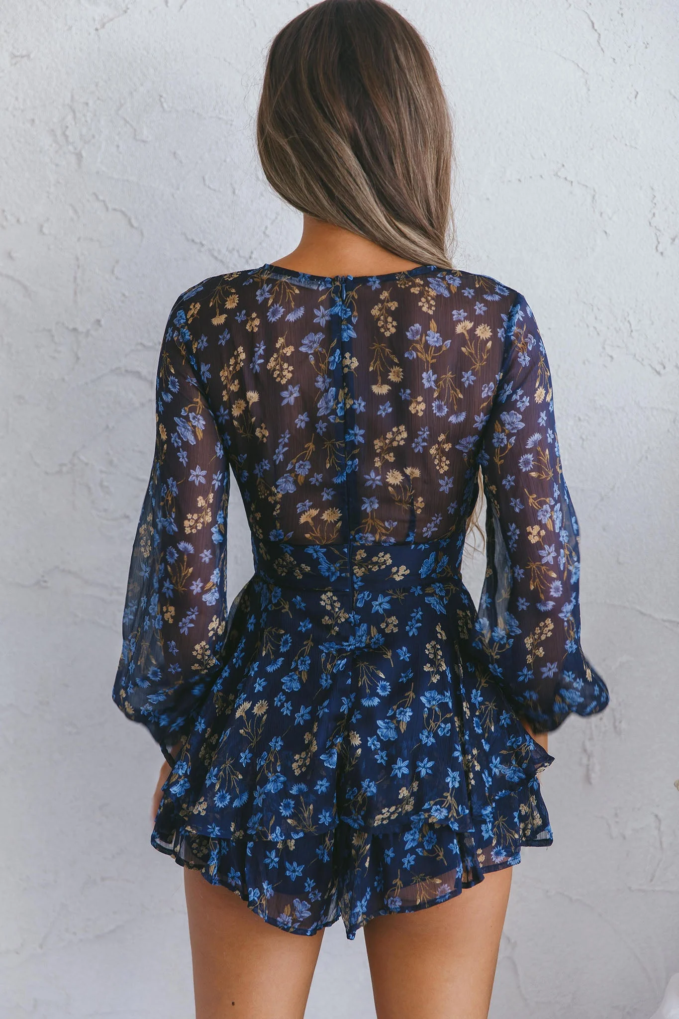 Maddox Fit & Flare Long Sleeve Romper Botanic Print Navy - Image 8