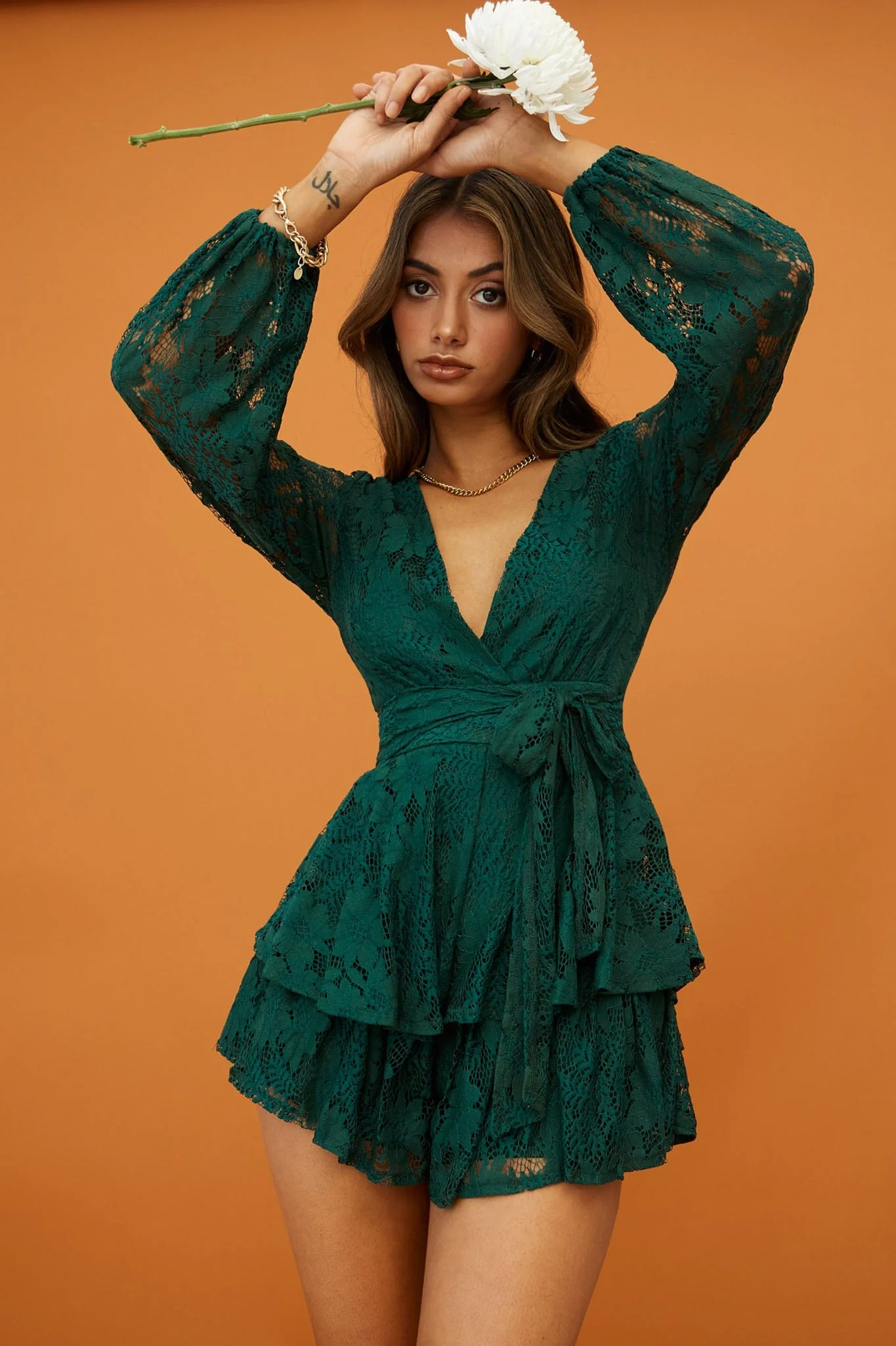 Maddox Fit & Flare Long Sleeve Romper Floral Lace Forest Green - Image 12