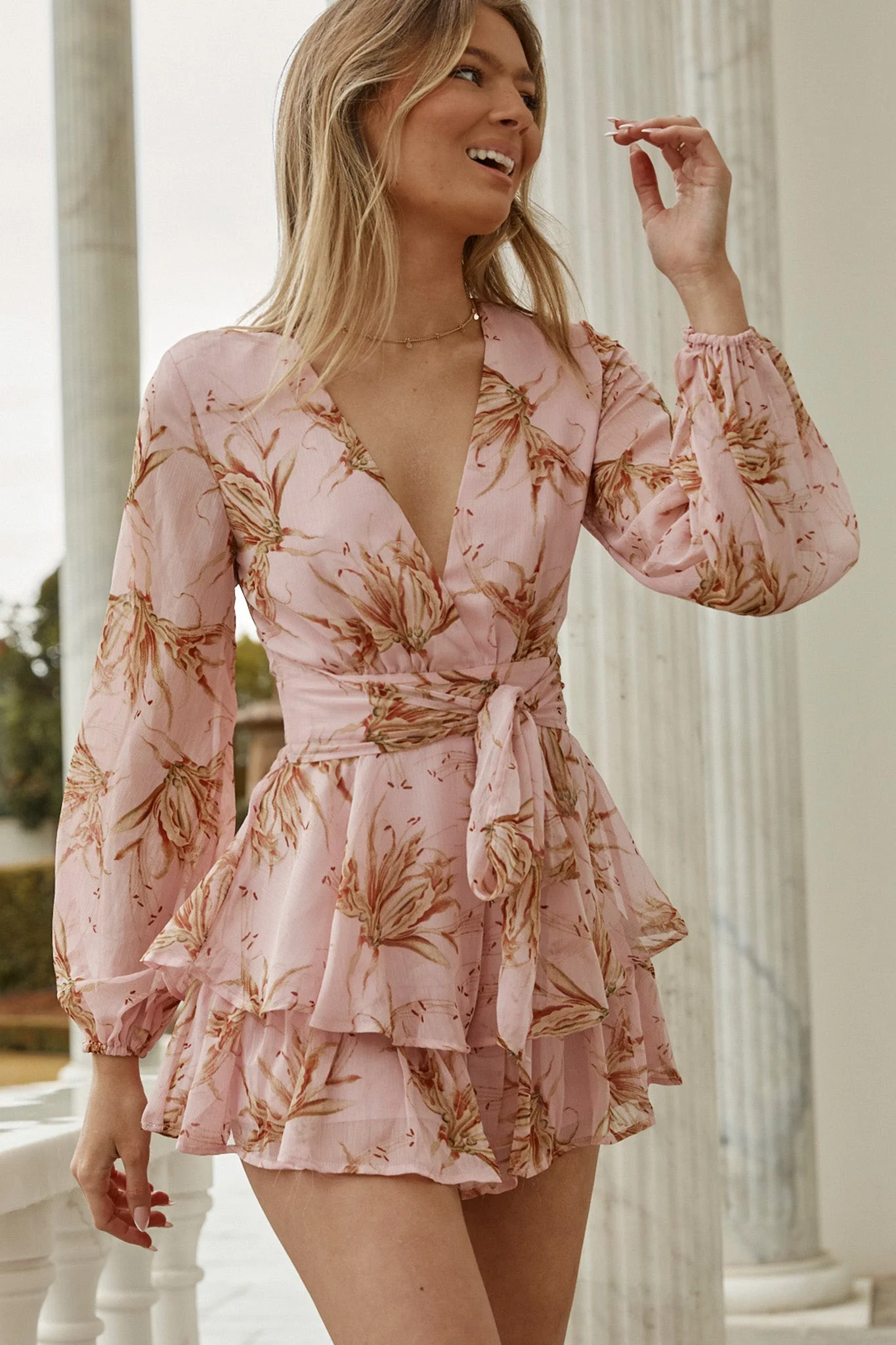 Maddox Fit & Flare Long Sleeve Romper Lily Print Pink - Image 8