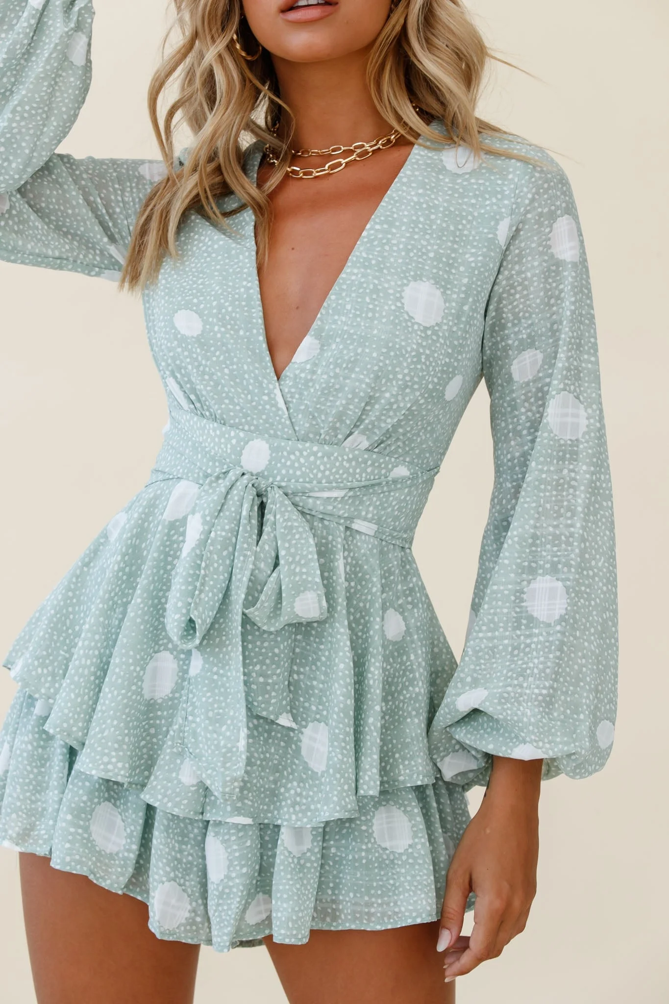 Maddox Fit & Flare Long Sleeve Romper Polka Dot Print Green - Image 10