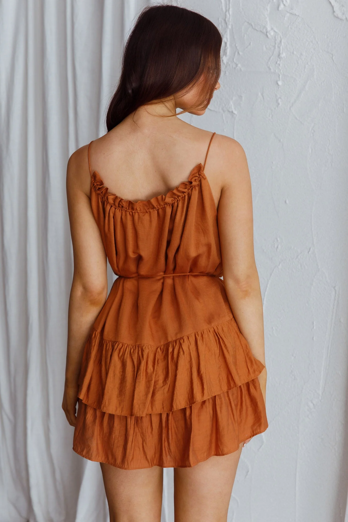 Madeira Drawstring Neckline Frill Mini Dress Tan - Image 2