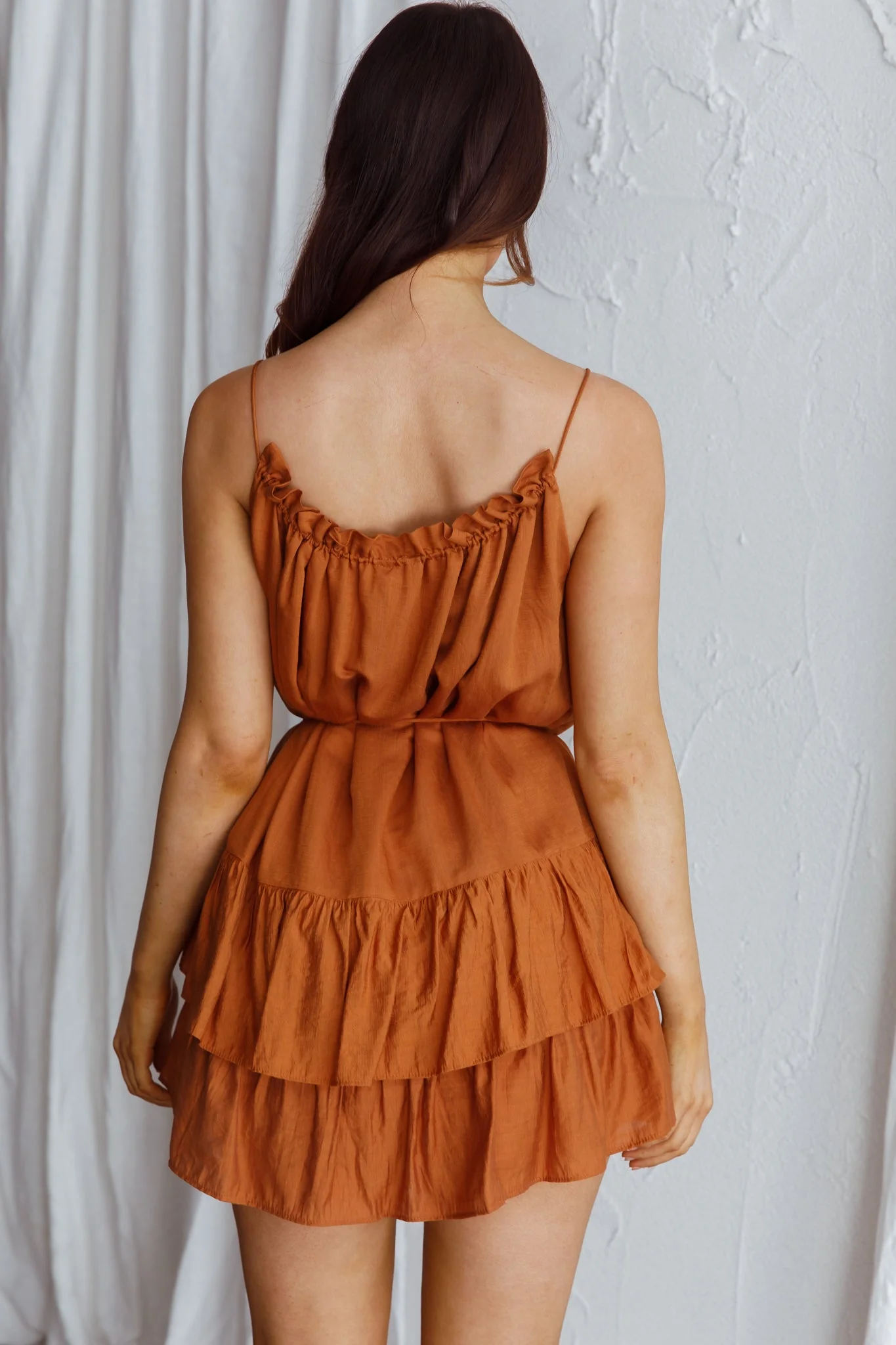 Madeira Drawstring Neckline Frill Mini Dress Tan - Image 8