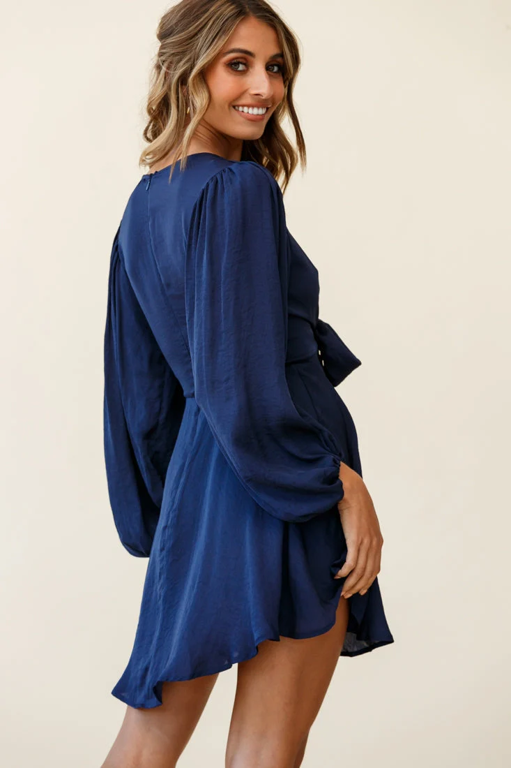Madison Bow Tie Bust Balloon Sleeve Dress Navy - Image 5