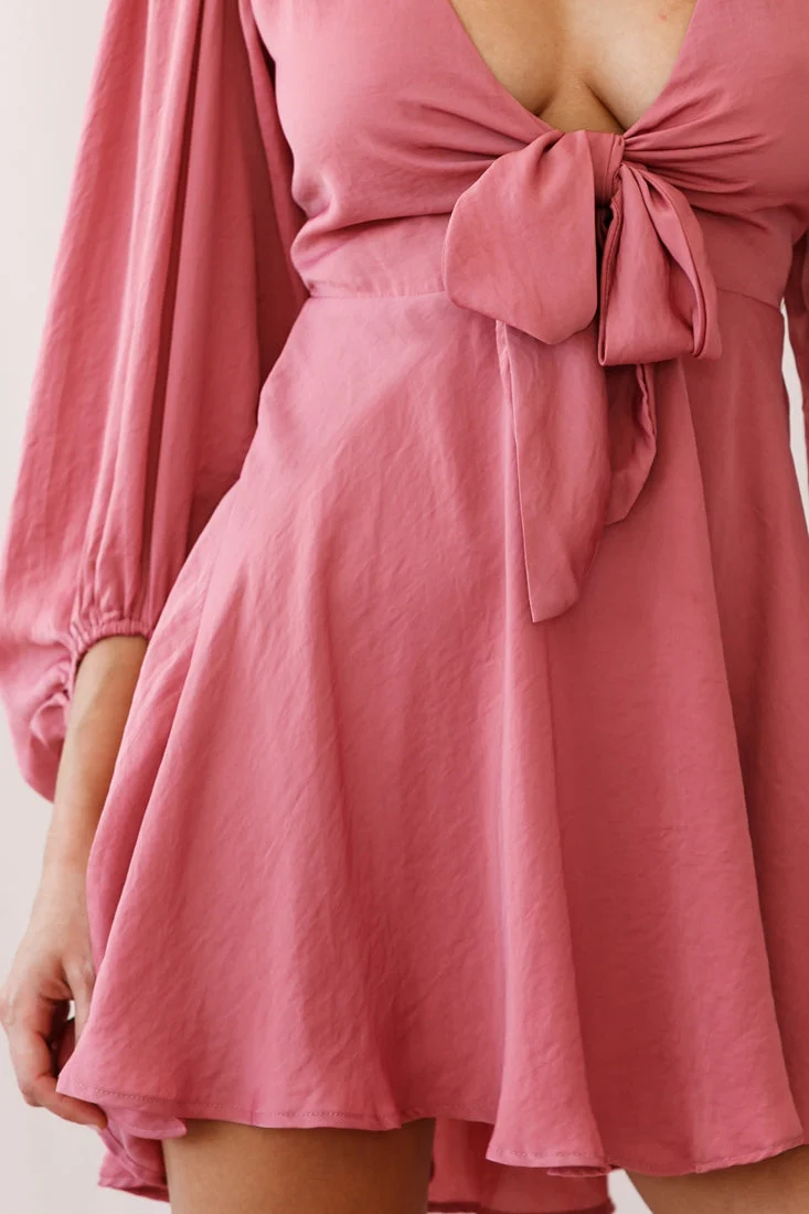 Madison Bow Tie Bust Balloon Sleeve Dress Rose - Image 7