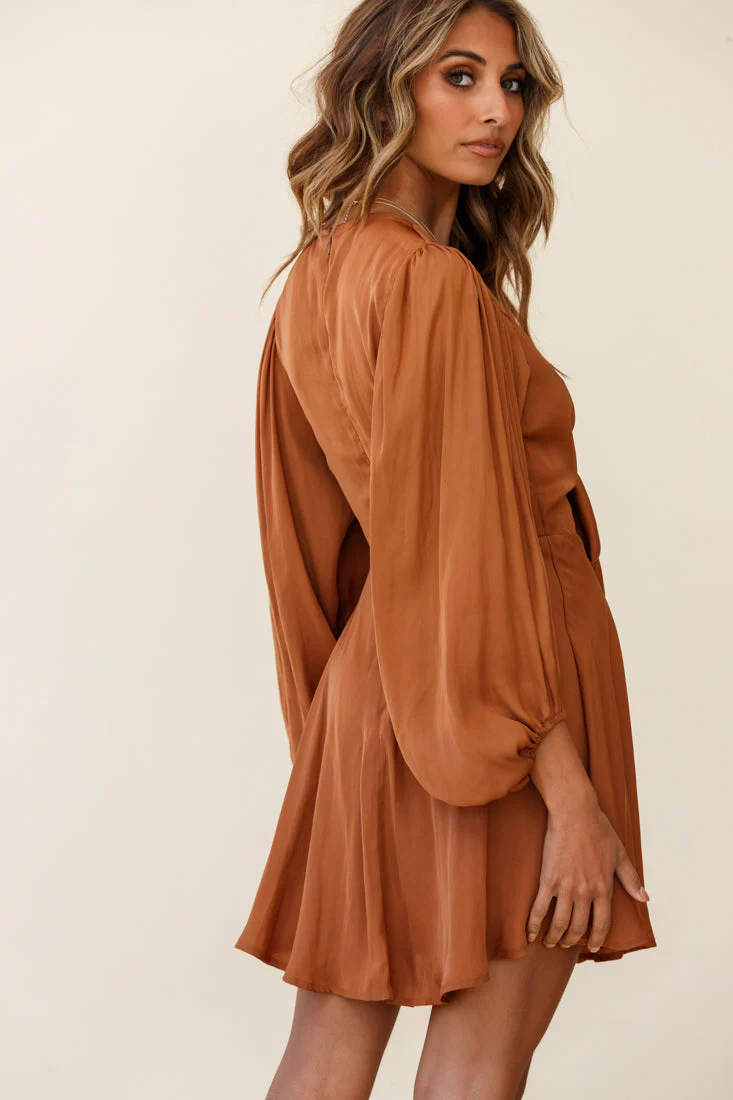 Madison Bow Tie Bust Balloon Sleeve Dress Tan - Image 3