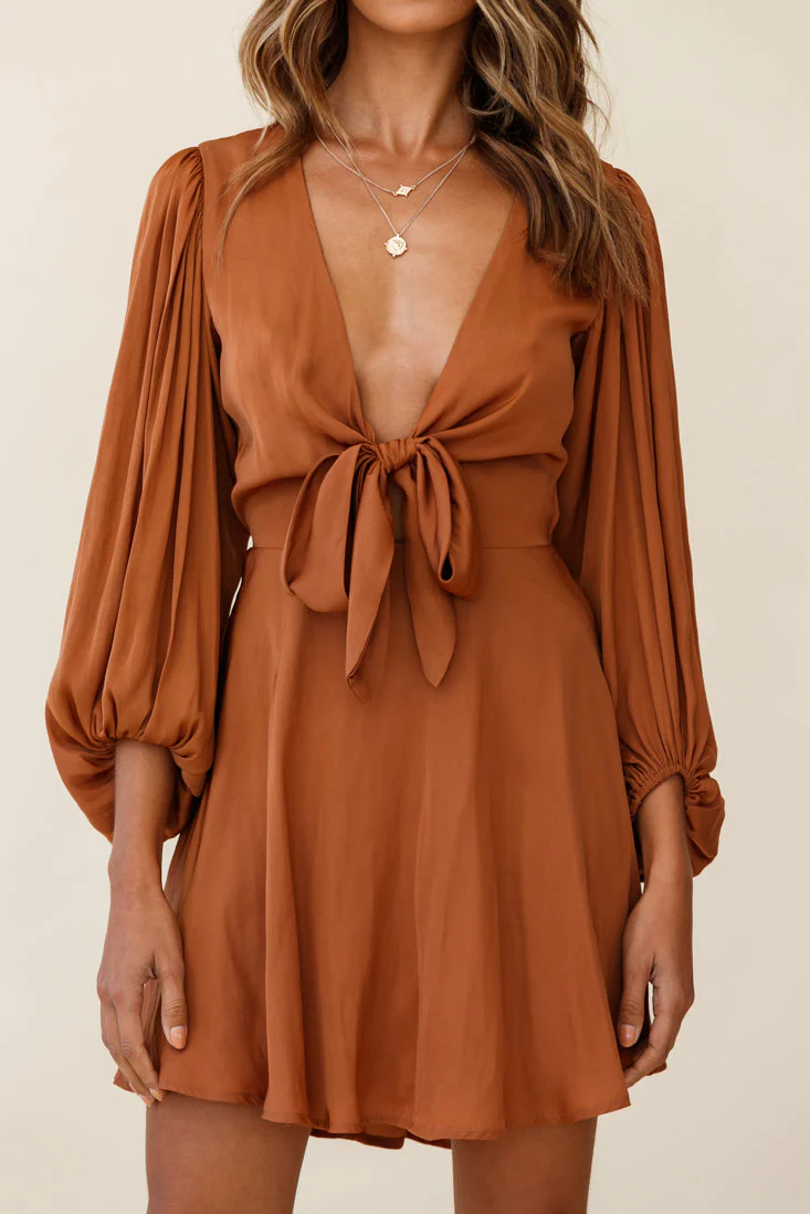 Madison Bow Tie Bust Balloon Sleeve Dress Tan - Image 4