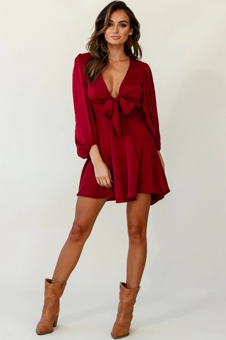 Madison Bow Tie Bust Balloon Sleeve Dress Wine - Image 2