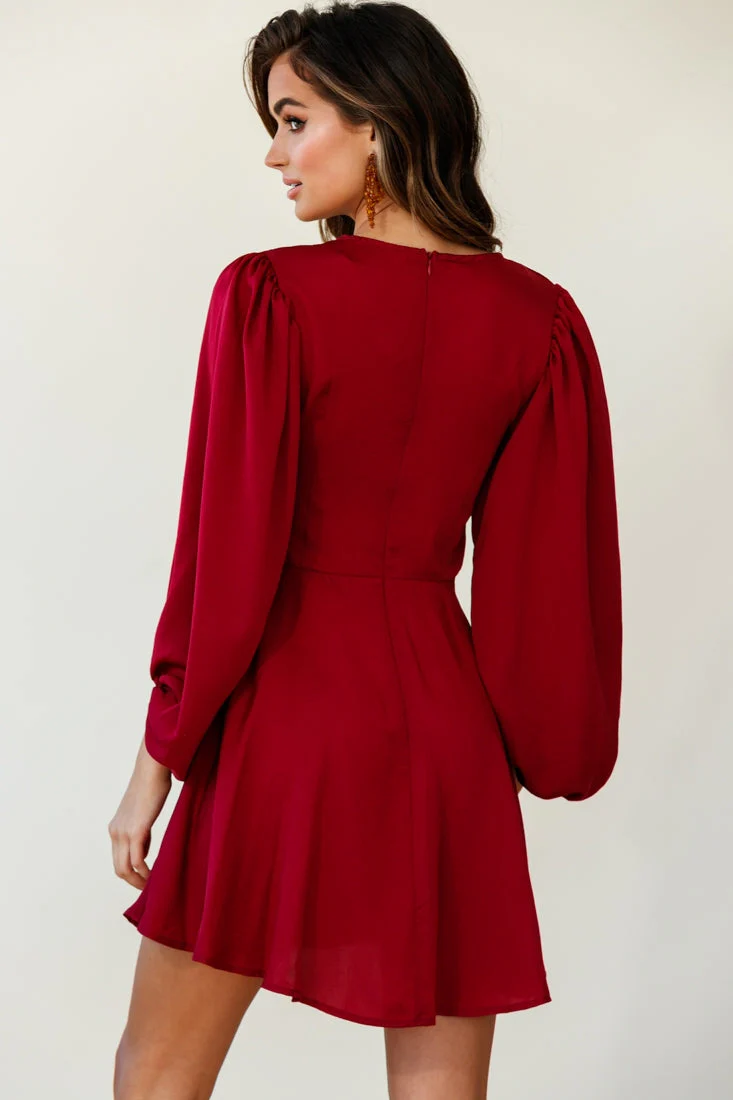 Madison Bow Tie Bust Balloon Sleeve Dress Wine - Image 6