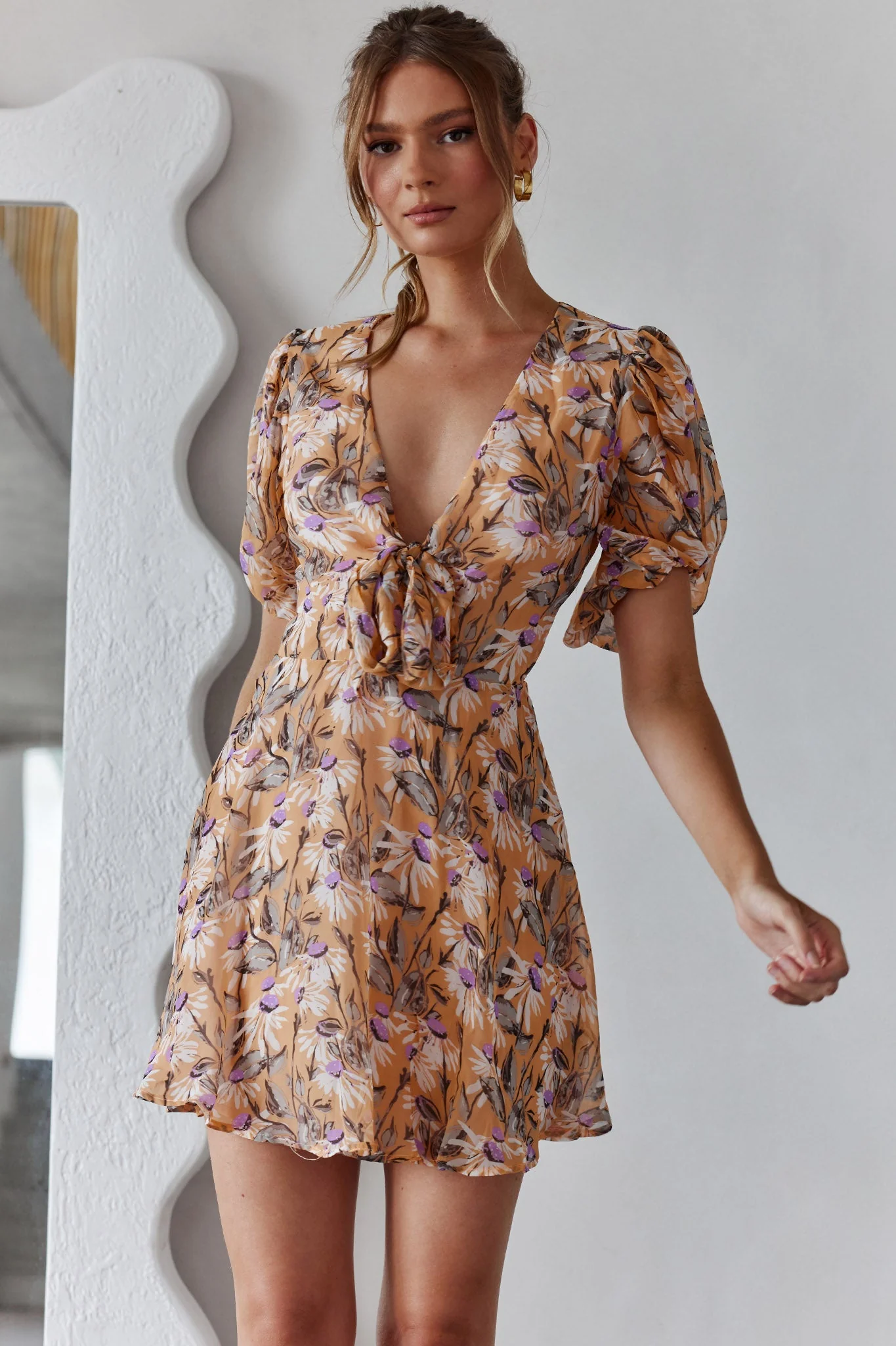 Madison Bow Tie Bust Puff Sleeve Dress Floral Orange - Image 6